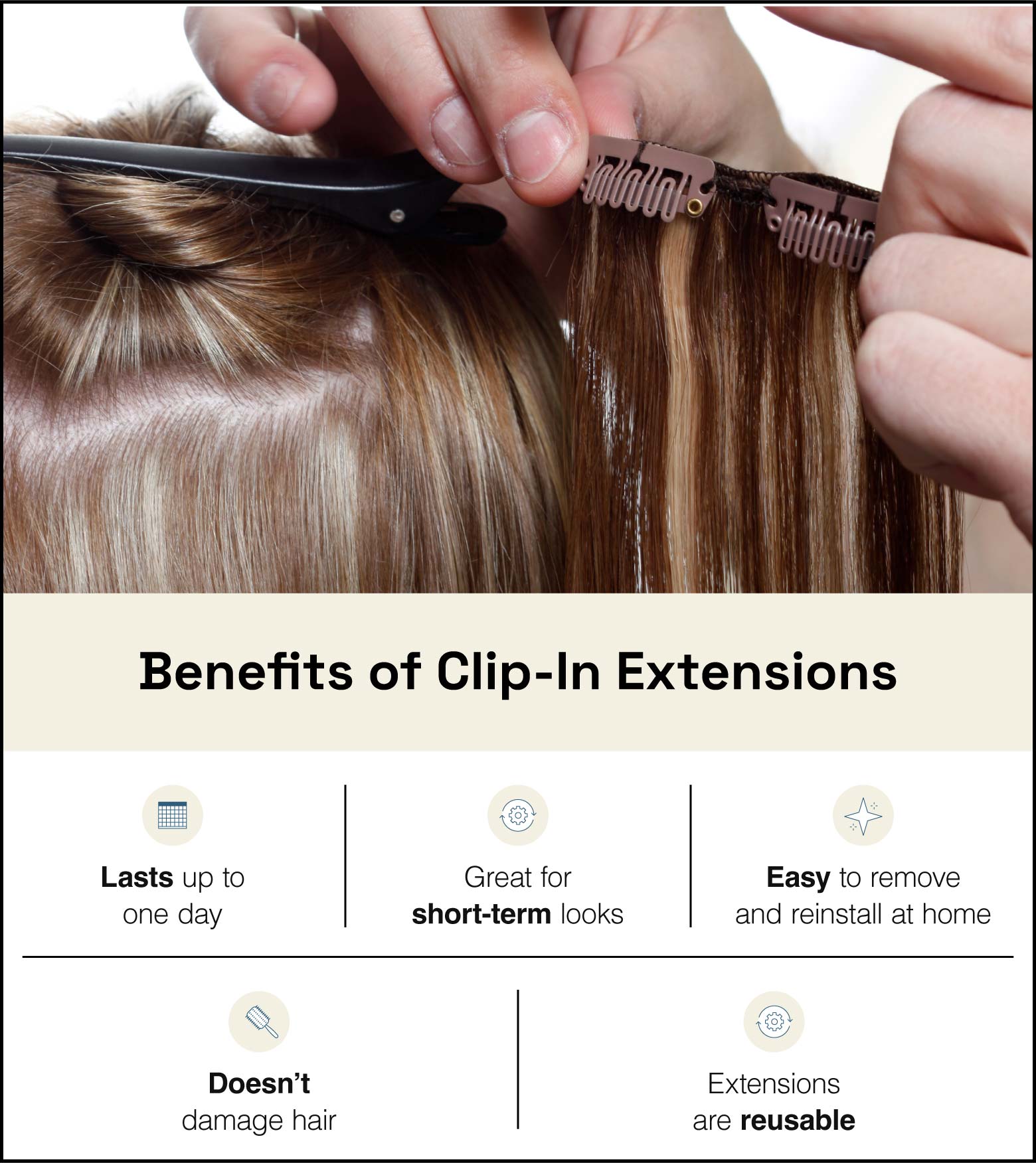 Example image of stylist installing clip-in extensions after dyeing them to match client’s hair with text below describing clip-in benefits.