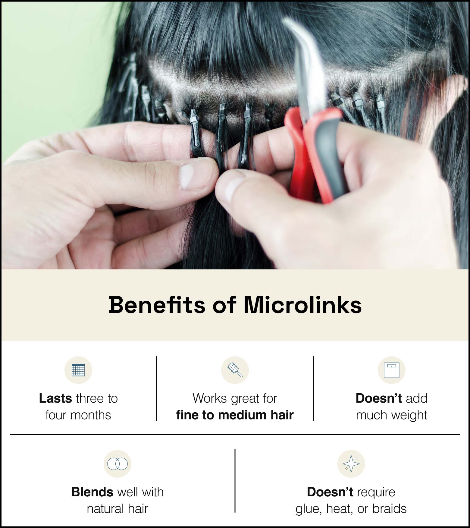 Image where client’s hair is sectioned to show visible metal microlink beads with text below summarizing benefits of microlink extensions.