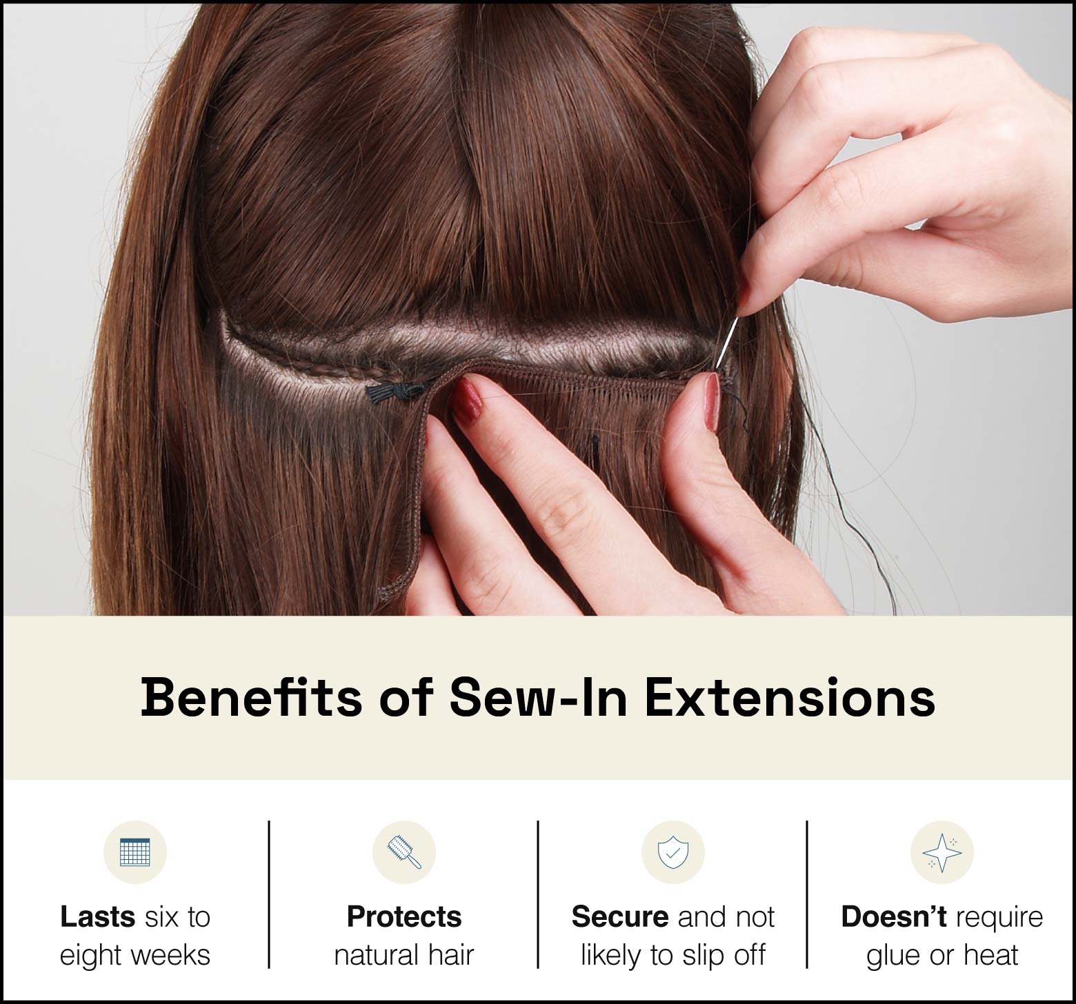 Image of stylist sewing in extensions with text below summarizing sew-in extension benefits.