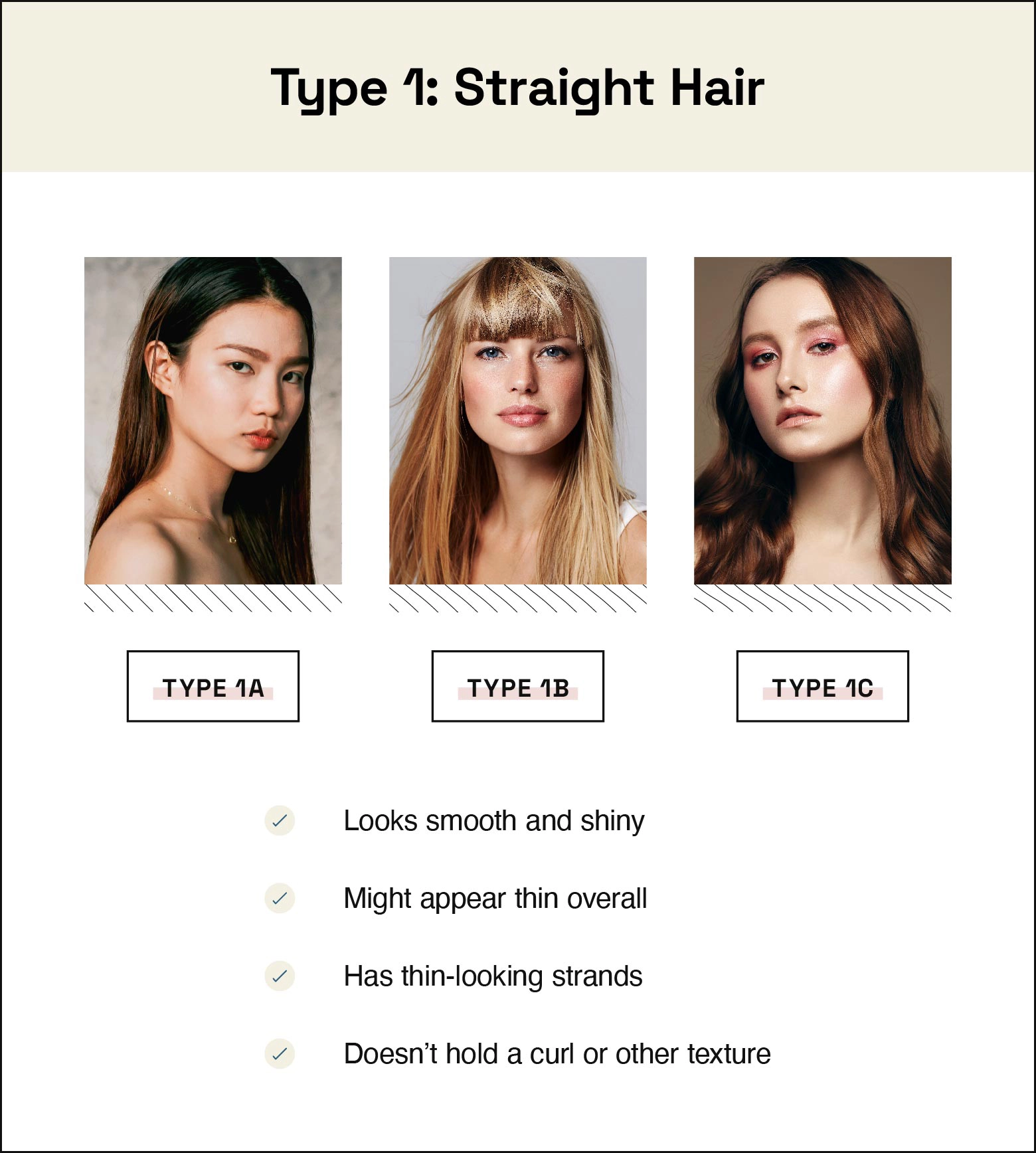 Type 1 hair is straight hair that looks smooth and shiny, may appear thin overall, has thin-looking strands, and doesn’t hold a curl or other texture.