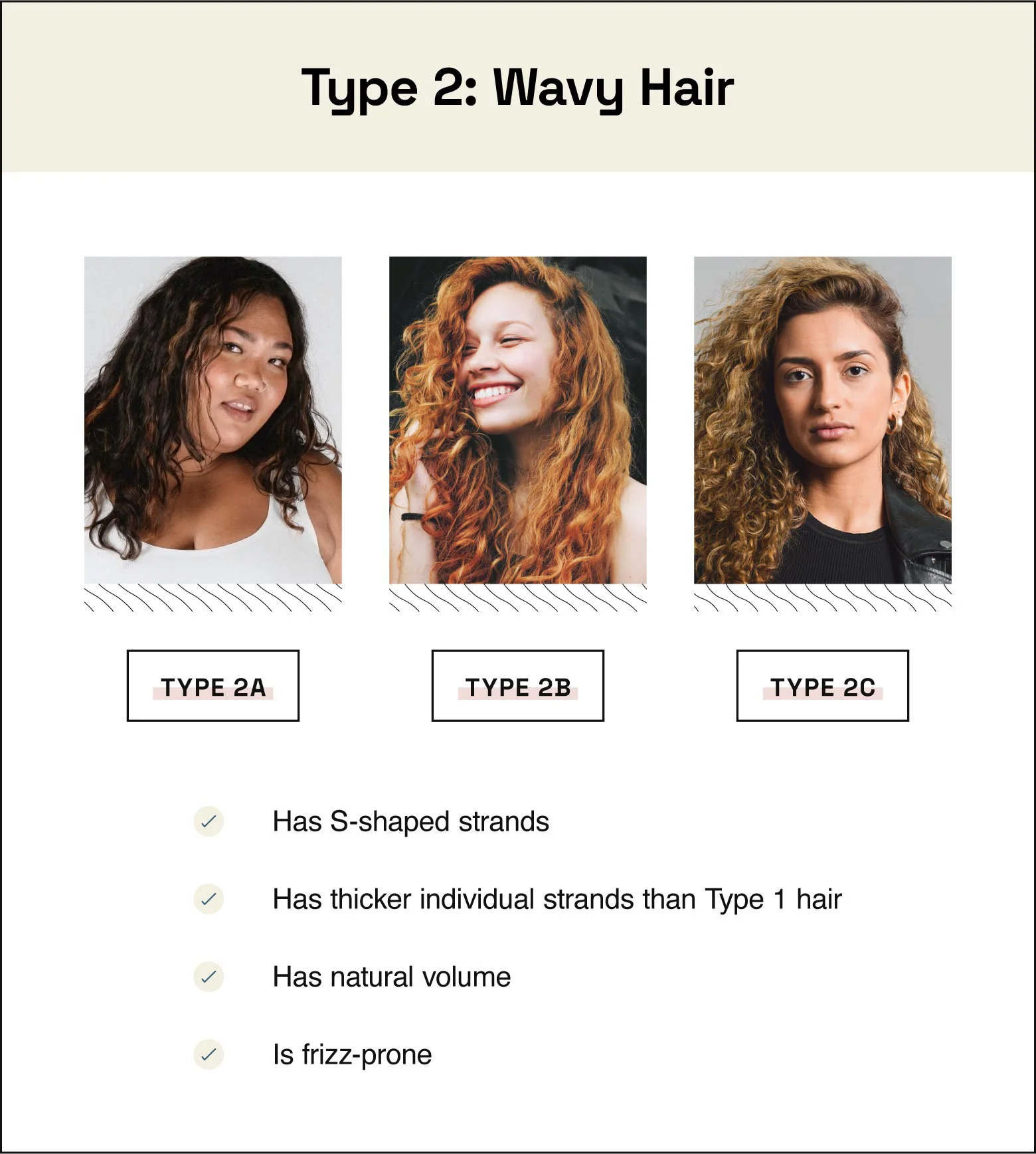 Type 2 hair is wavy, has s-shaped strands, has individual strands that are thicker than Type 1 hair, has natural volume, and is frizz-prone.