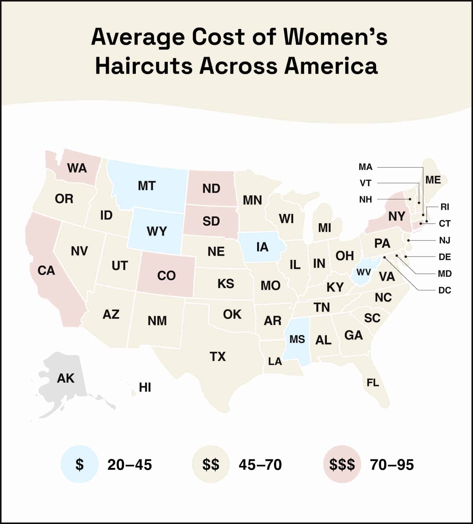 map showing the cost of women’s haircuts in america