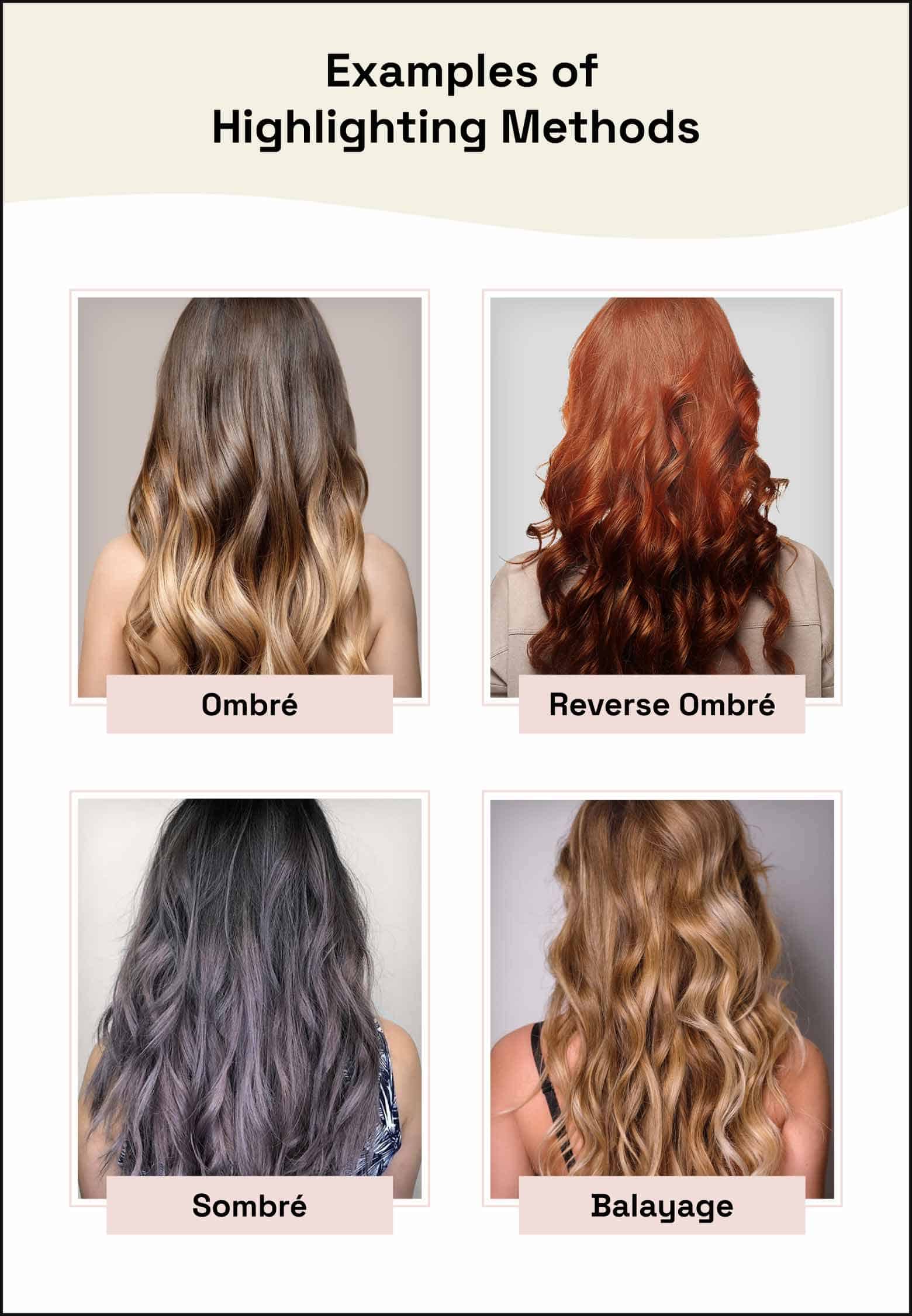 photo examples of ombre, reverse ombre, sombre, balayage