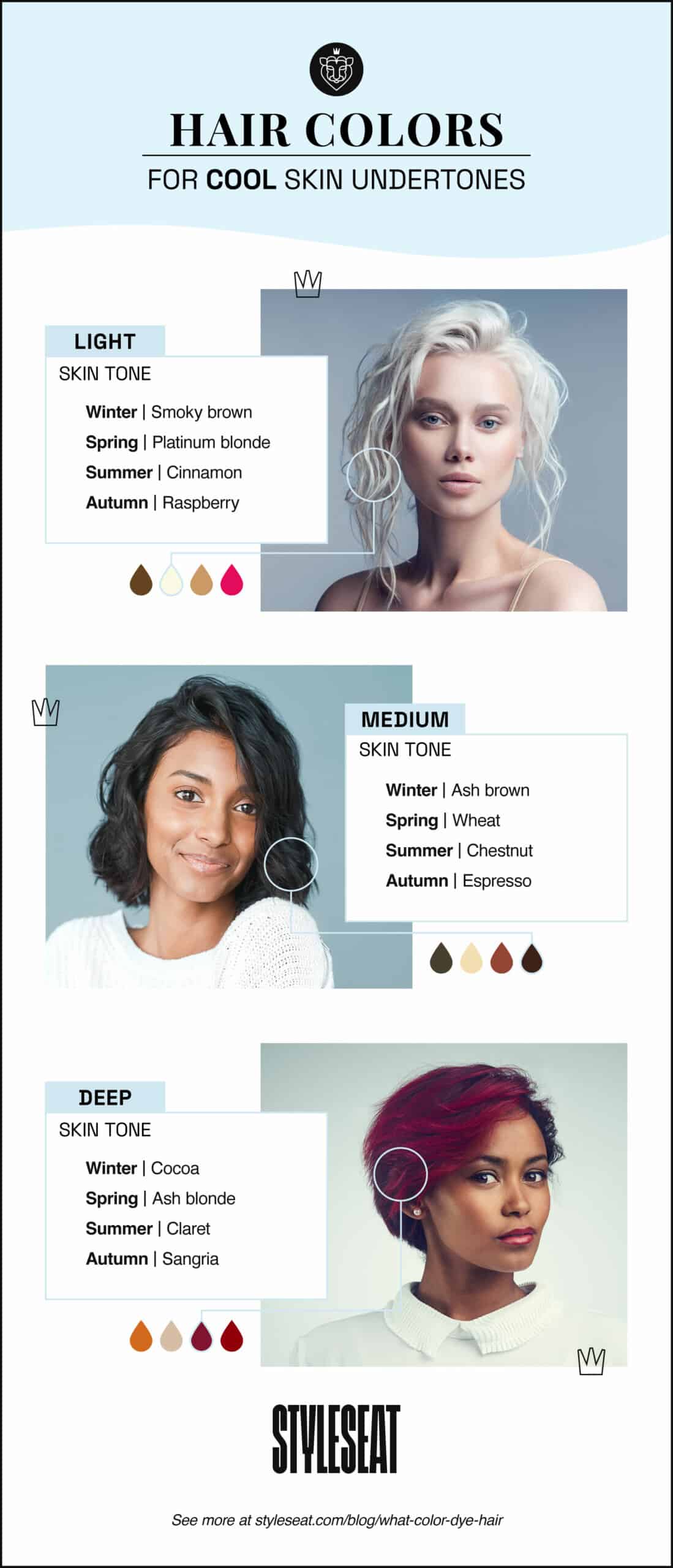 mood board with photo examples of hair colors for cool undertones
