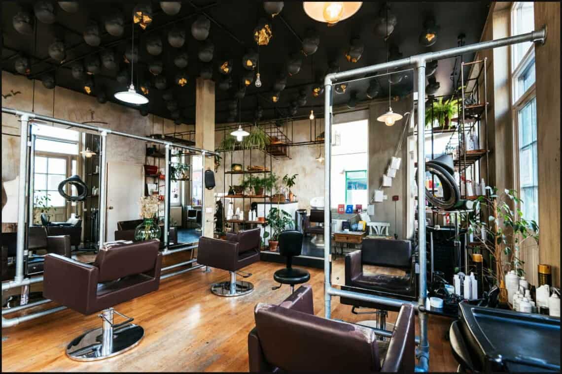 interior of a modern salon with wood flooring, many lights on the roof and plants along the wall