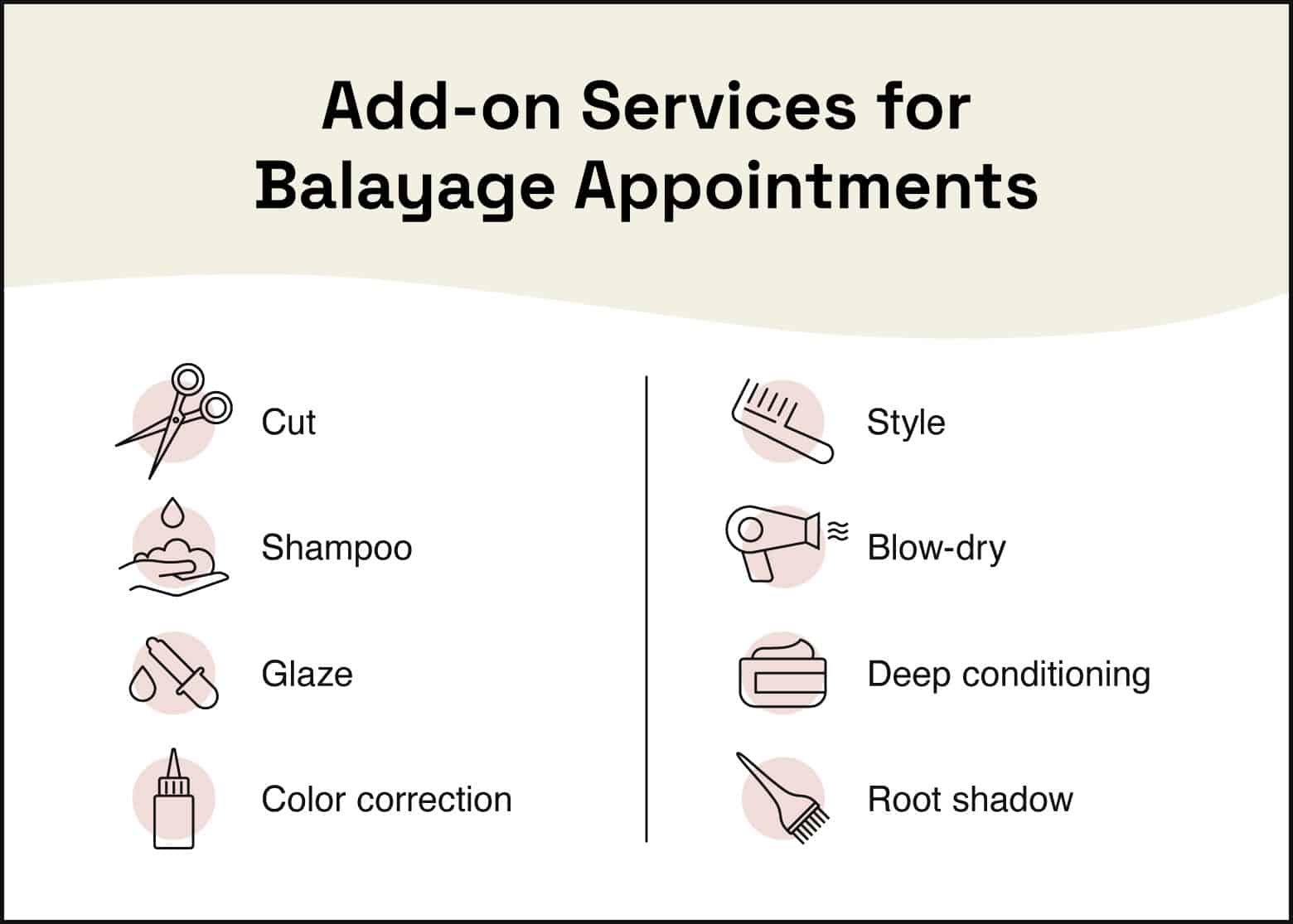 list with icons explaining add-on services you can get for balayage appointments
