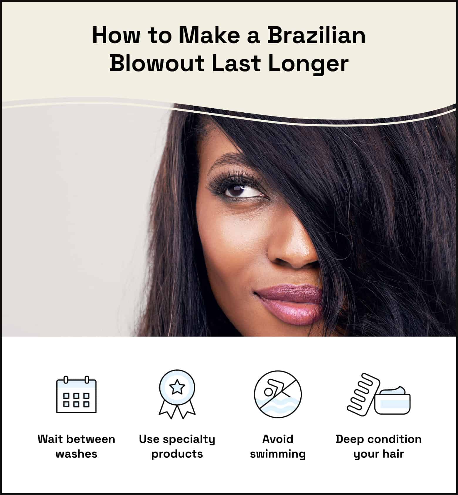 photo of woman with long hair covering side of face and showing other side, text on the bottom summarizing ways to make a Brazilian blowout last longer