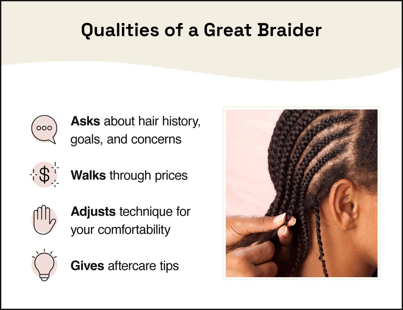 photo on the right showing cornrow process and text on the left summarizing qualities of a great braider