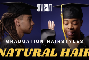 man and woman with graduation cap and gown with natural hairstyles