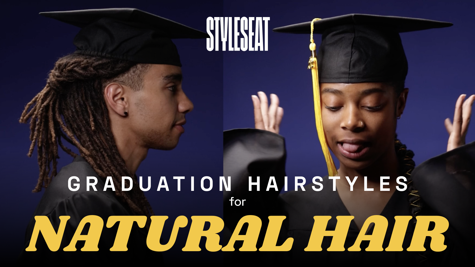 man and woman with graduation cap and gown with natural hairstyles