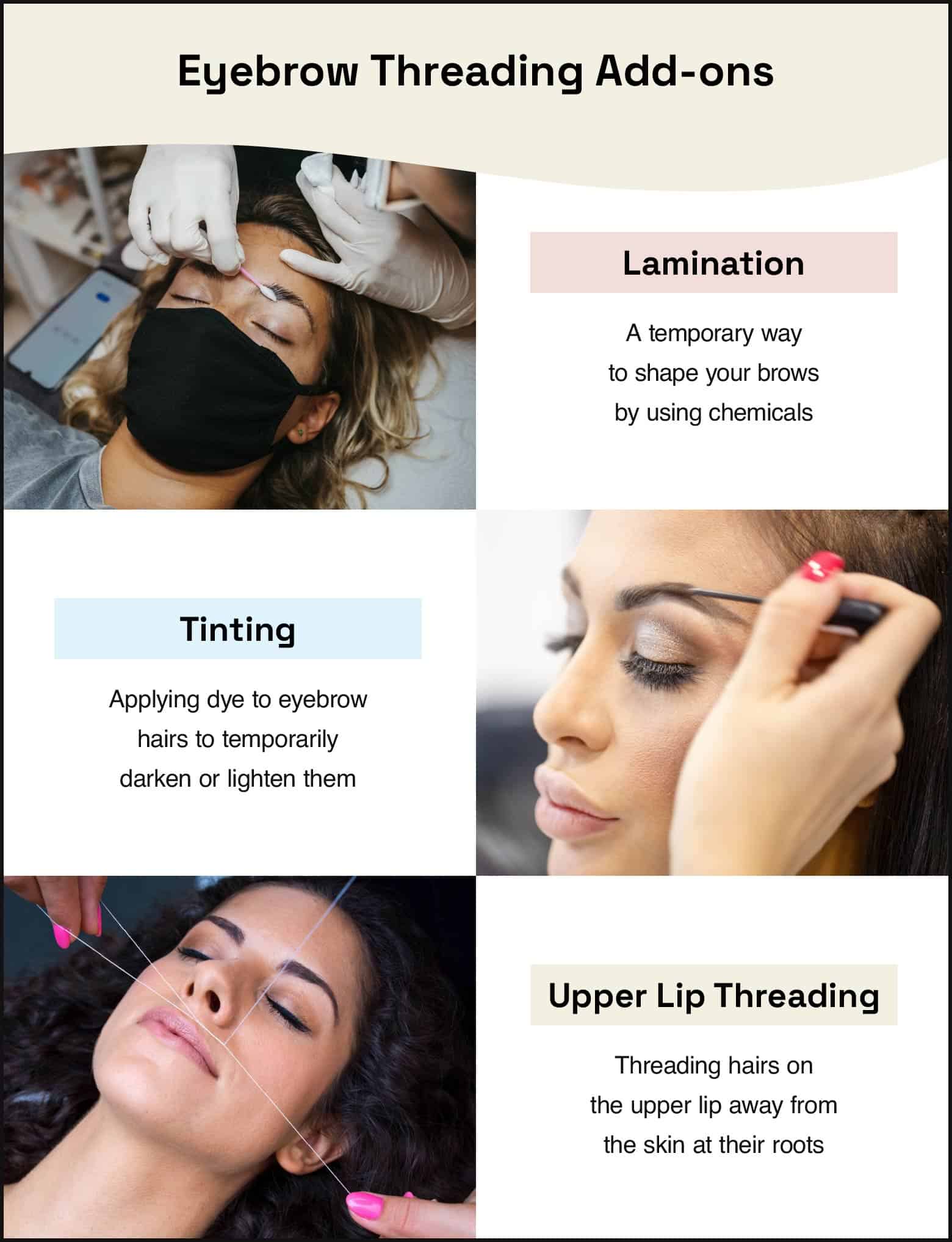 alternating photos and text summarizing eyebrow threading add-ons brow lamination, brow tinting, and upper lip threading