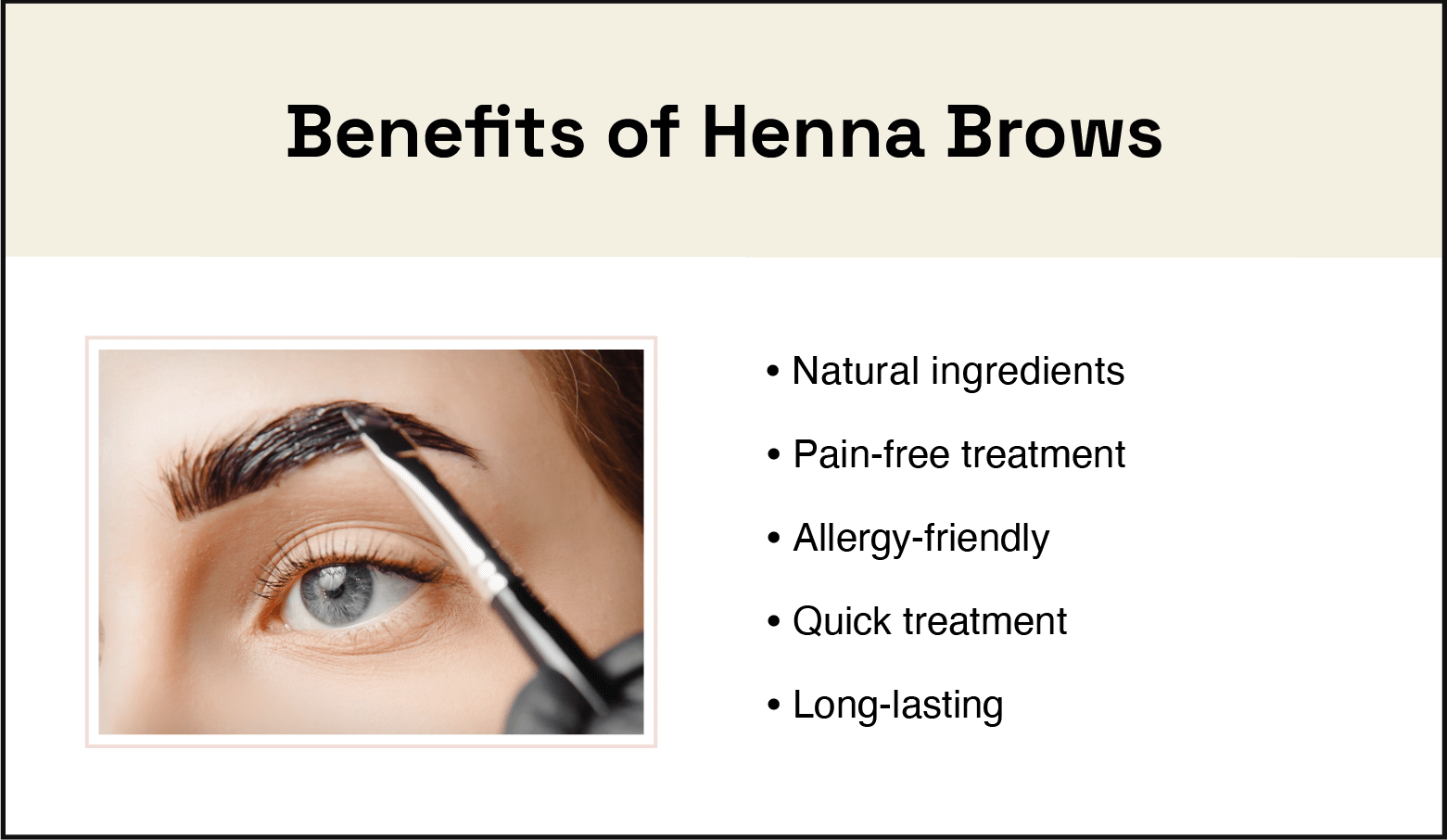 close-up photo of person with dark brows, light skin, and light blue eyes on the left, summary of benefits of henna brows on the right