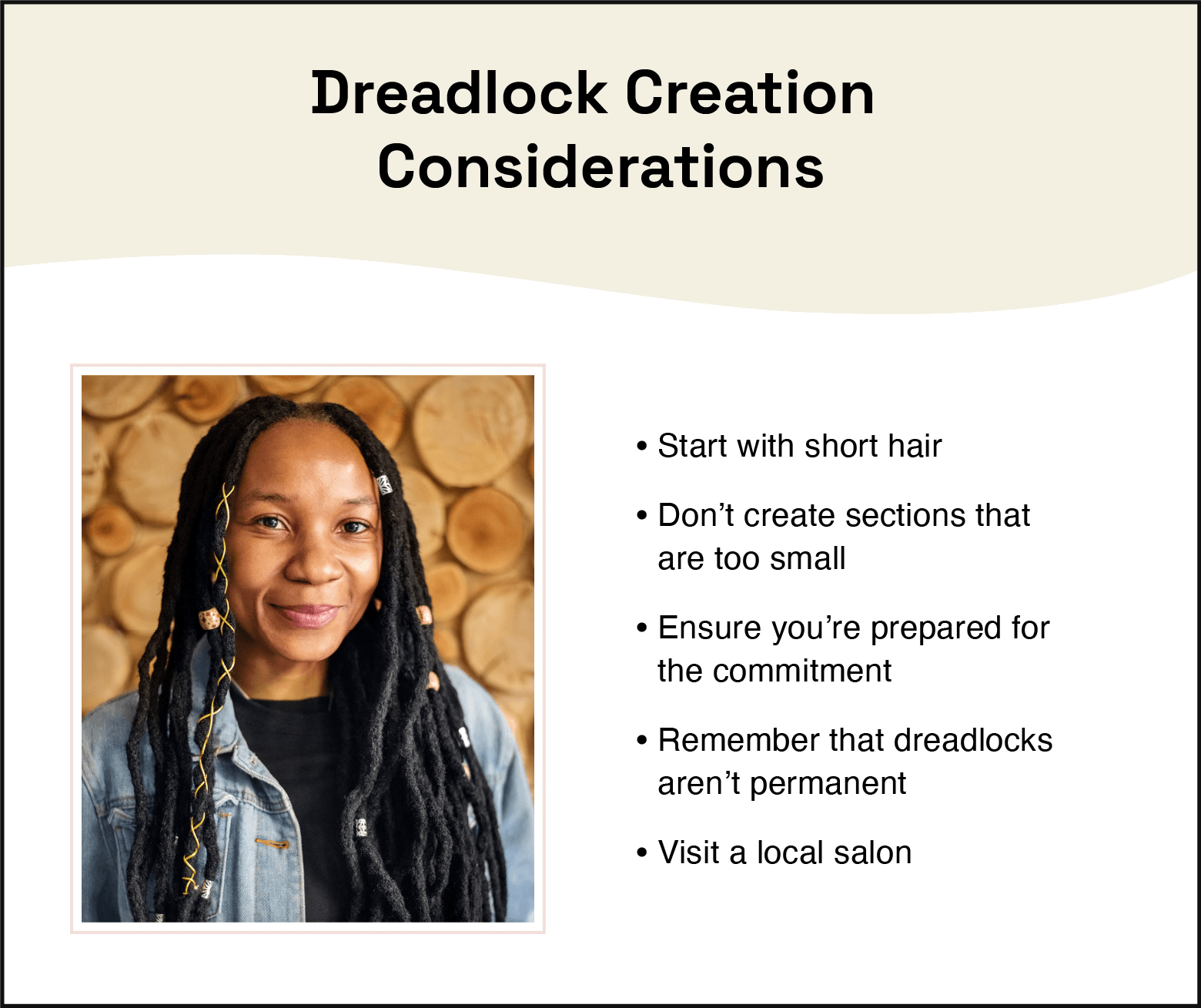 photo on the left of smiling person with accessorized dreadlocks, tips on the right explaining tips for starting dreadlocks