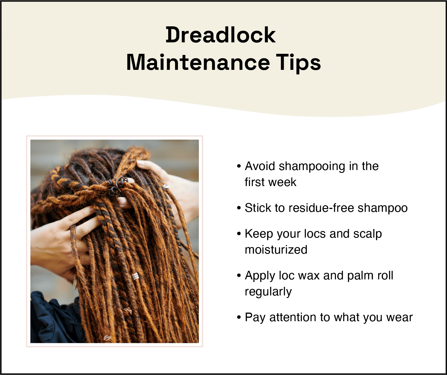 photo on the left with a close up on half-up, half-down dreadlocks and tips on the right for dreadlock maintenance
