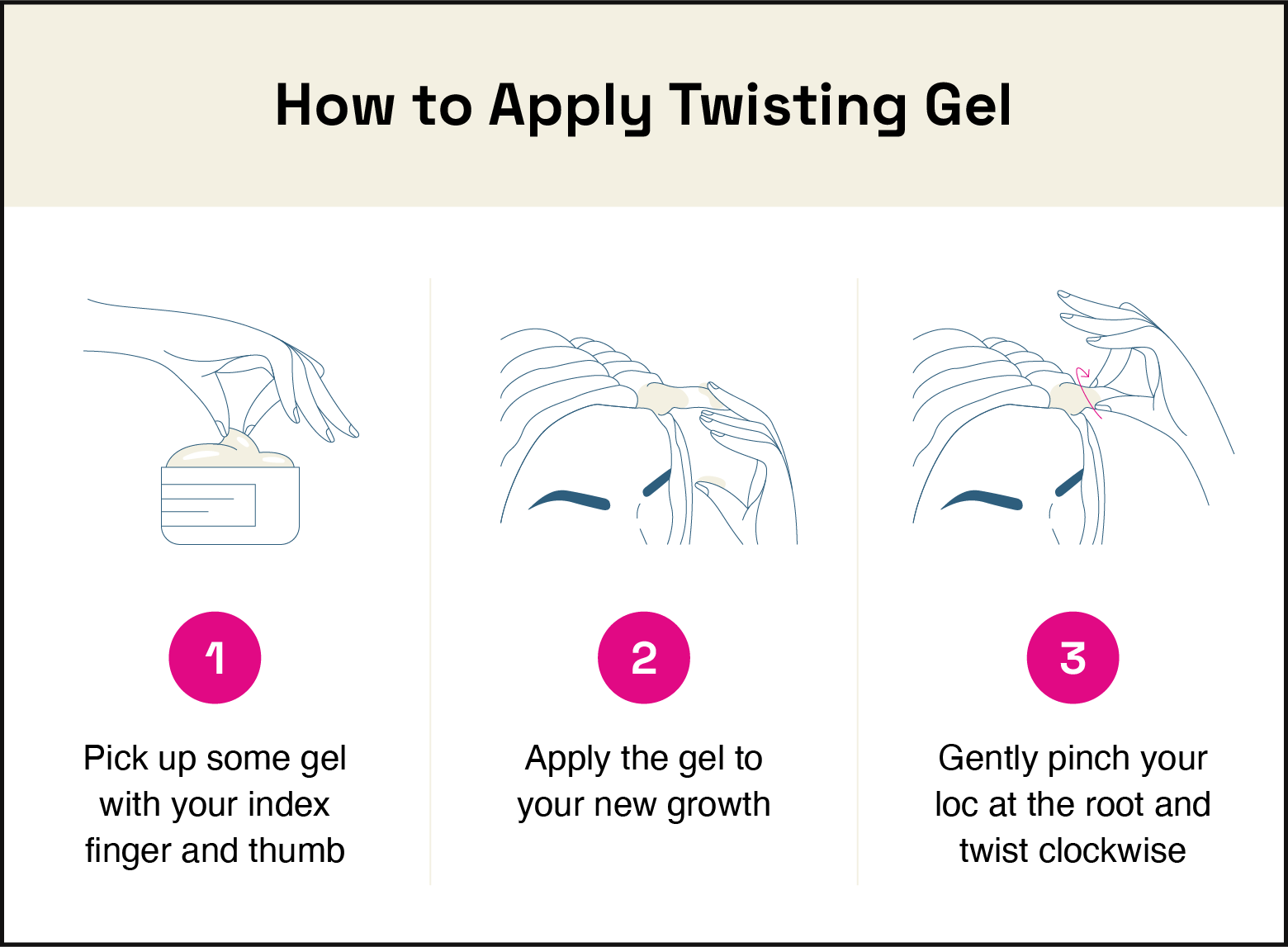 steps to apply twisting gel: pick up gel with index finger and thumb, apply to new growth, gently pich loc at the root and twist clockwise