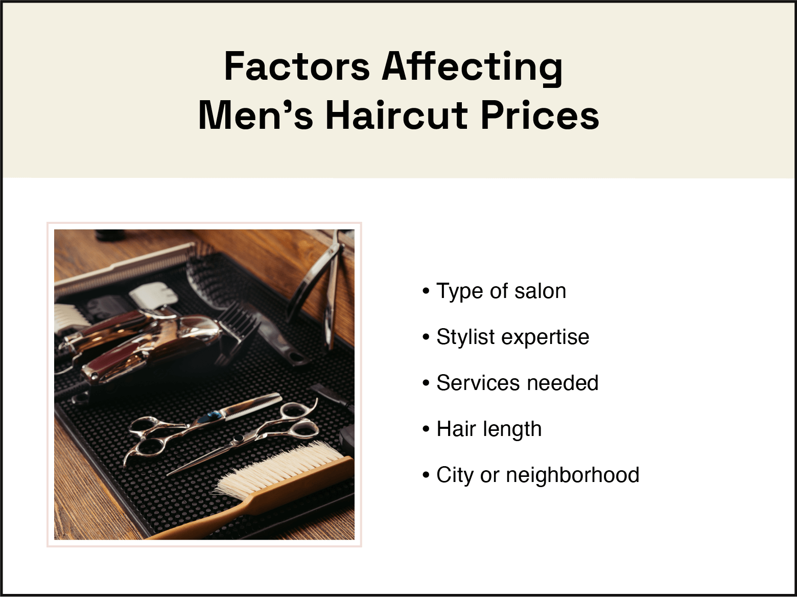 photo of barber’s tool on the left, bulleted list on the right of factors affecting men’s haircut prices