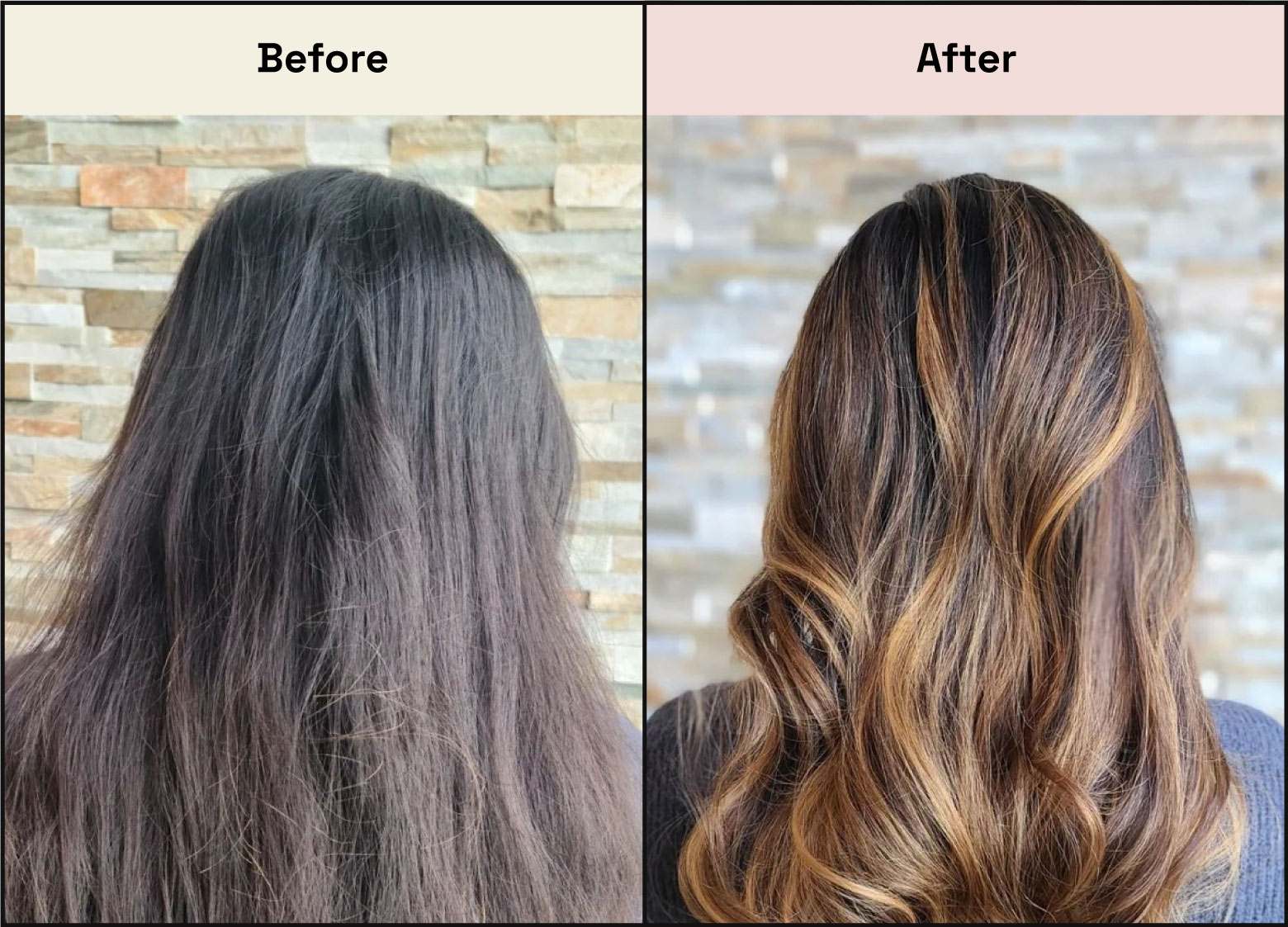 A woman’s hair before and after a keratin treatment. After the treatment, the hair is smoother and brighter.