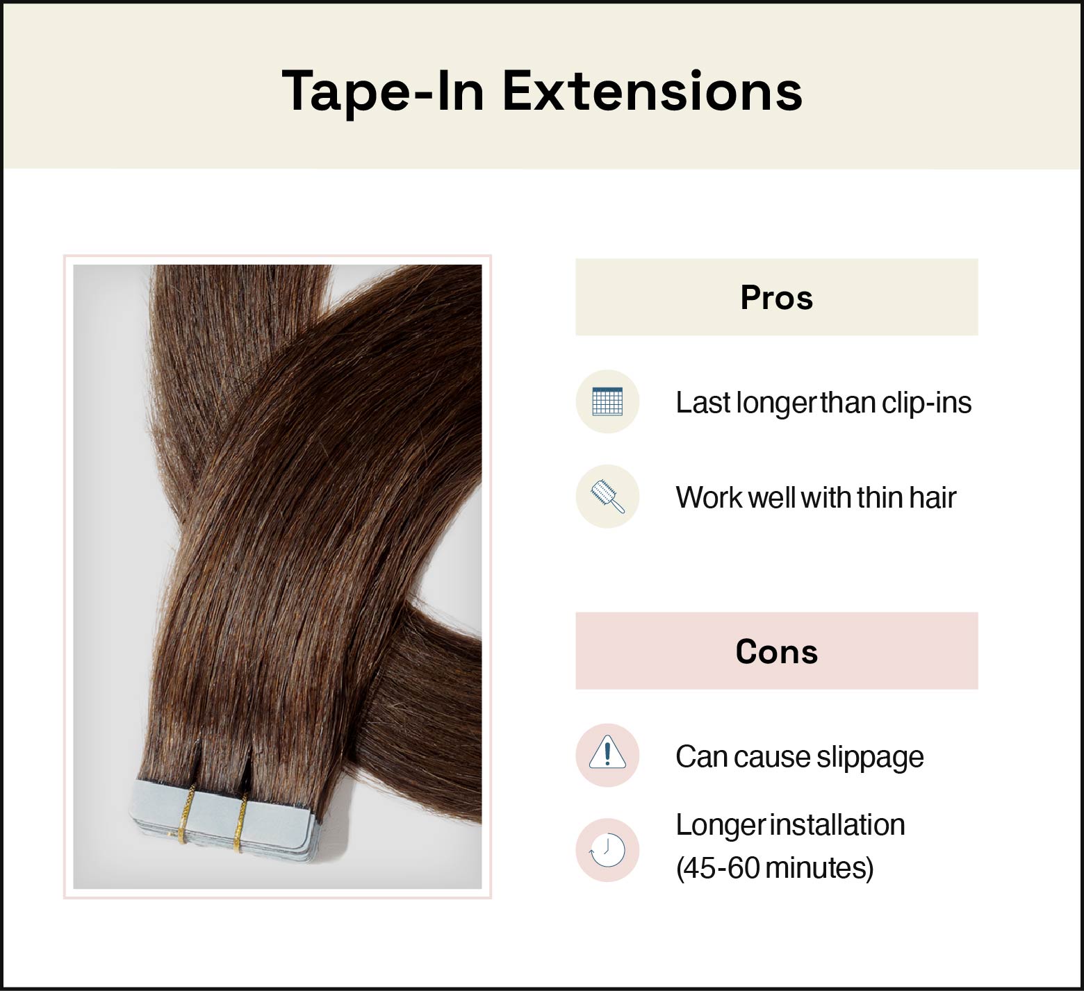 photo of brunette tape-in extensions on the left and list of pros and cons on the right
