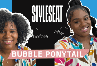 before and after photo of woman with natural hair styled in bubble ponytail with colorful shirt