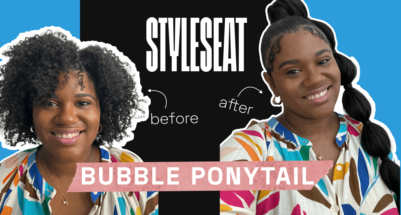before and after photo of woman with natural hair styled in bubble ponytail with colorful shirt