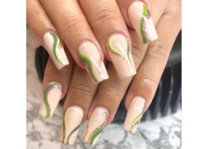 beige and green nail designs with sparkes