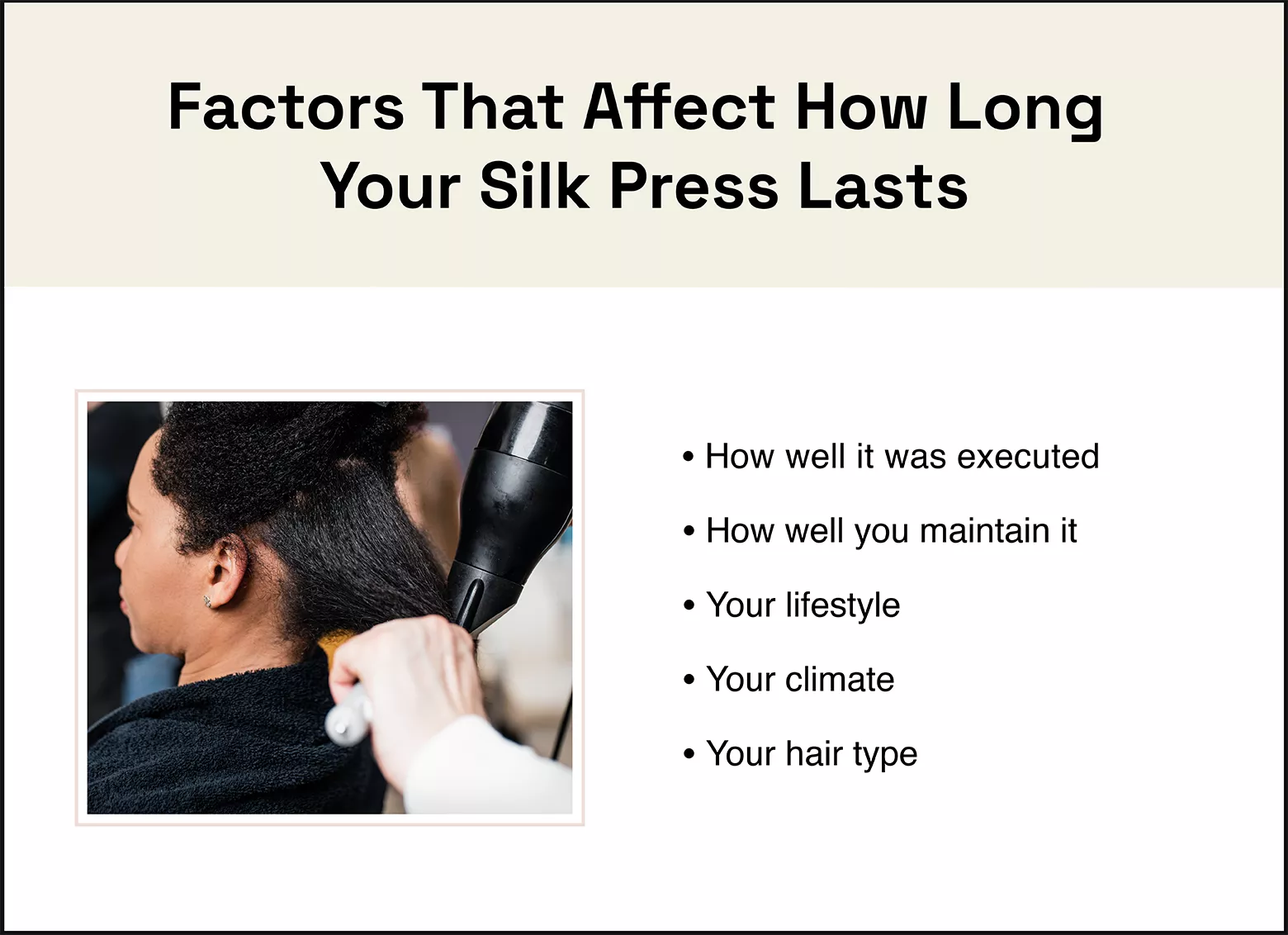 photo on the left of a stylist blow-drying a client’s natural hair, bulleted list on the right summarizing factors that affect how long a silk press can last