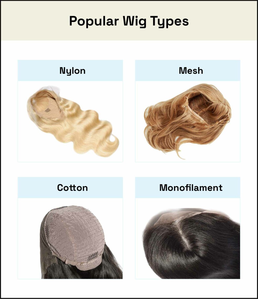 four photo examples of nylon, mesh, cotton and monofilament wigs