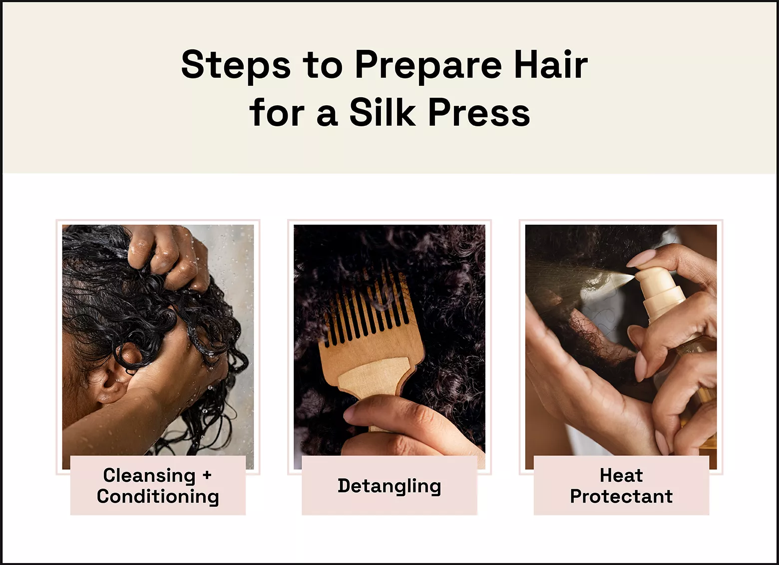 close-up photos showing steps to prepare hair for a silk press: cleansing and conditioning, detangling, and heat protectant
