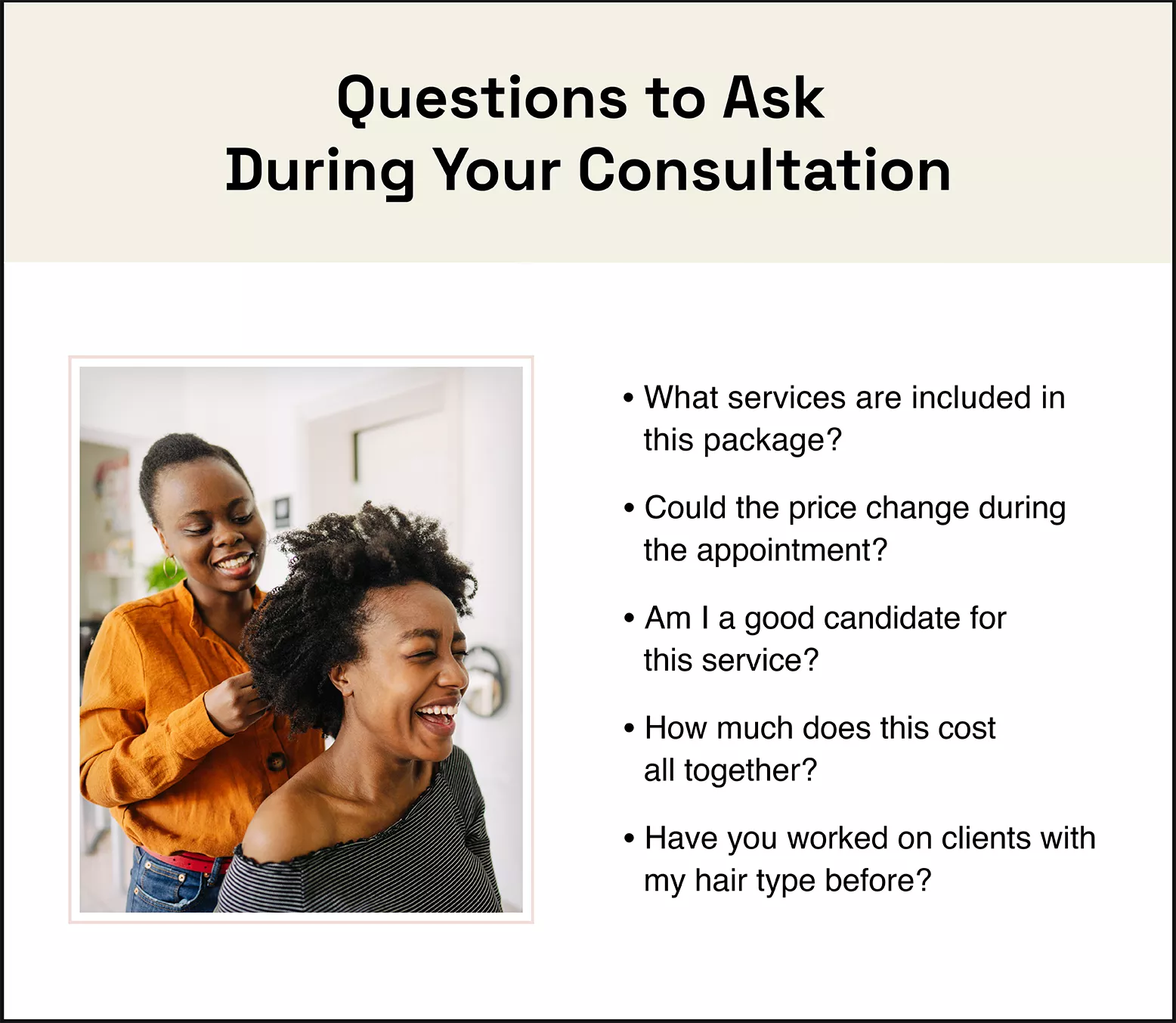 photo of stylist and client in the salon on the left, bulleted list of questions to ask during consultations on the right
