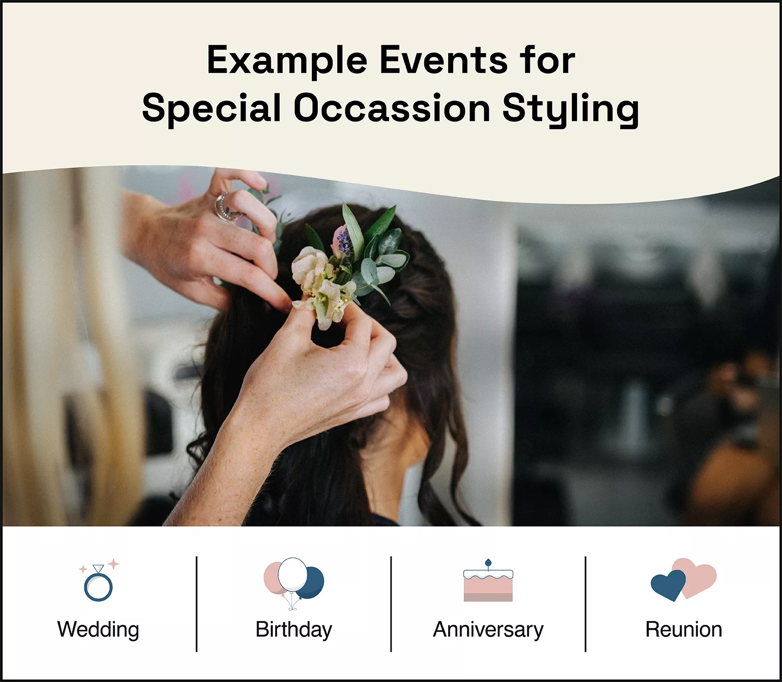 photo of person with brunette hair getting flowers and foliage placed hair by stylist, text and iconography along the bottom summarizing examples of special occasion styling