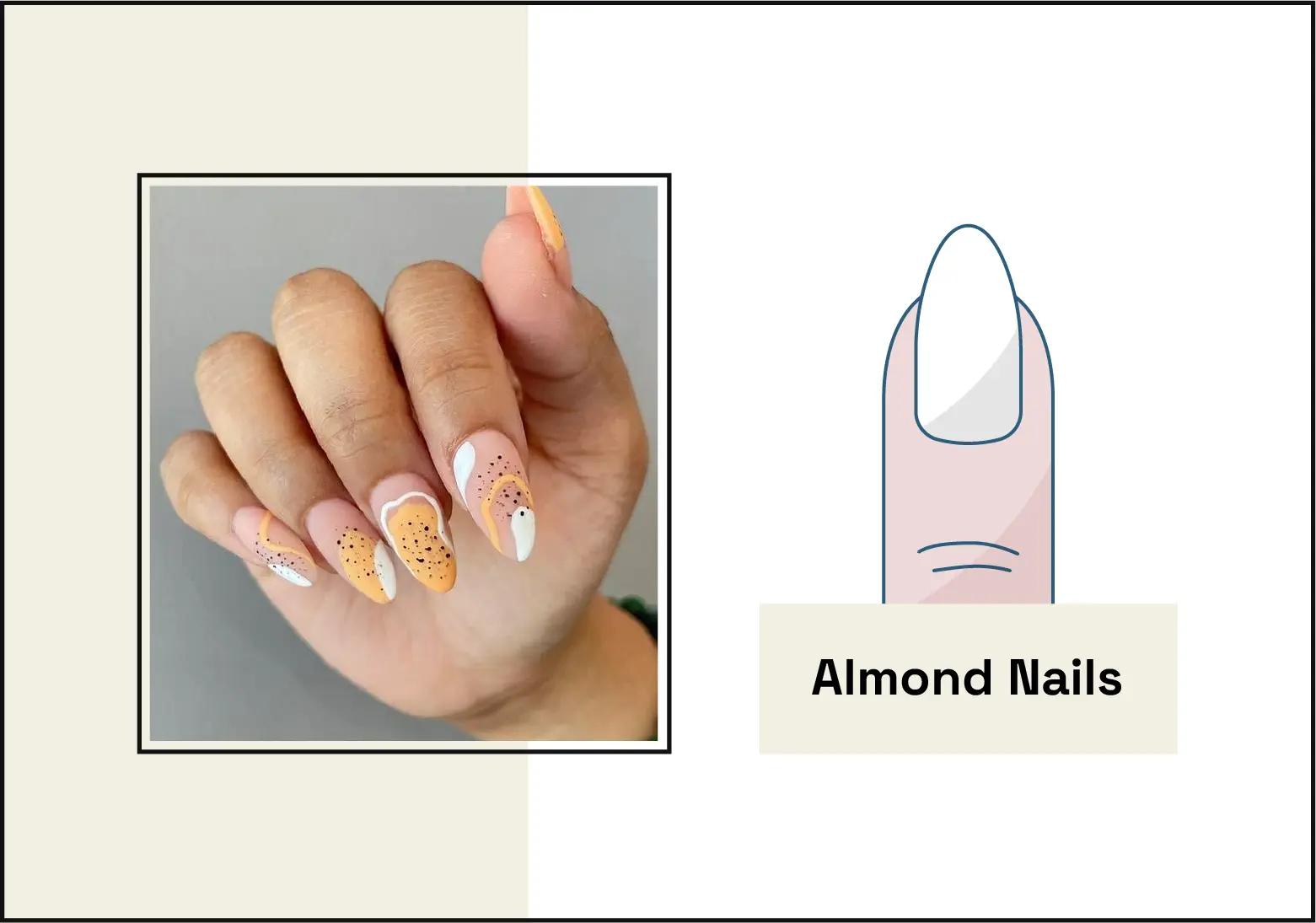 photo of manicure with almond-shaped nails with orange, white, and black nail art on the left, illustration of the almond nail shape on the right