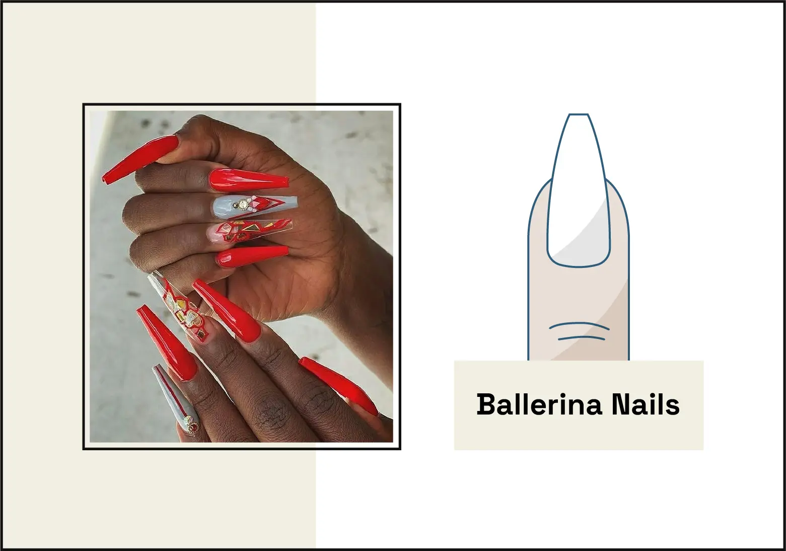 photo of manicure with ballerina-shaped nails with red, gold and silver nail art on the left, illustration of the ballerina nail shape on the right