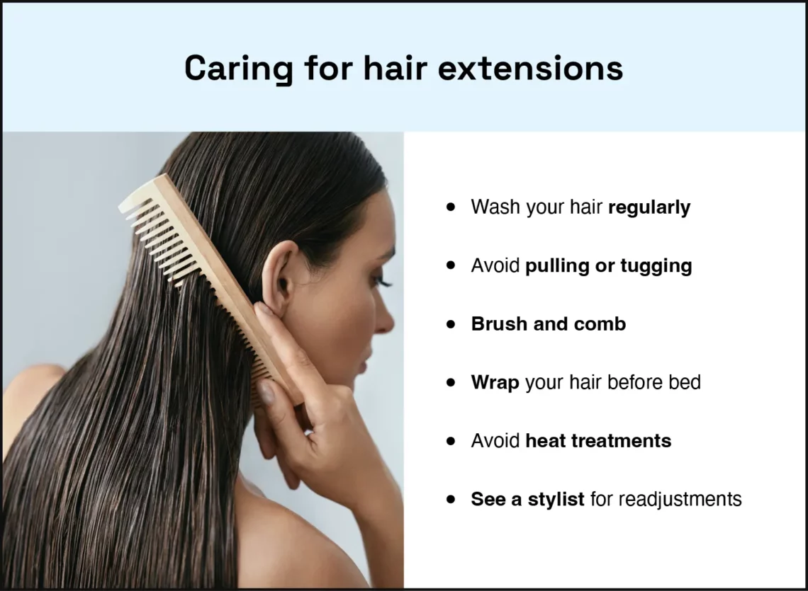 photo of a person with curly-textured hair and copy of tips on caring for hair extensions