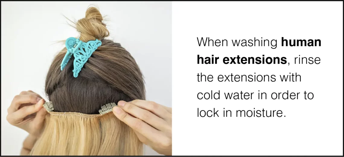 photo of a person clipping in hair extensions and a description of a tip about washing hair extensions