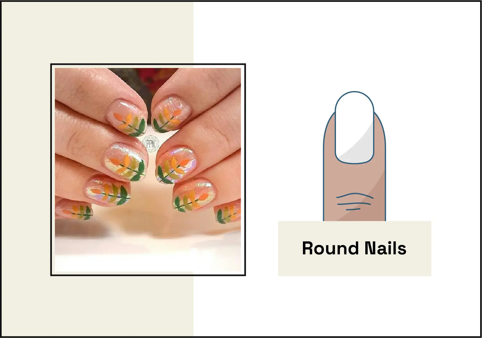 photo of manicure with round nails with colorful leaf nail art on the left, illustration of the round nail shape on the right