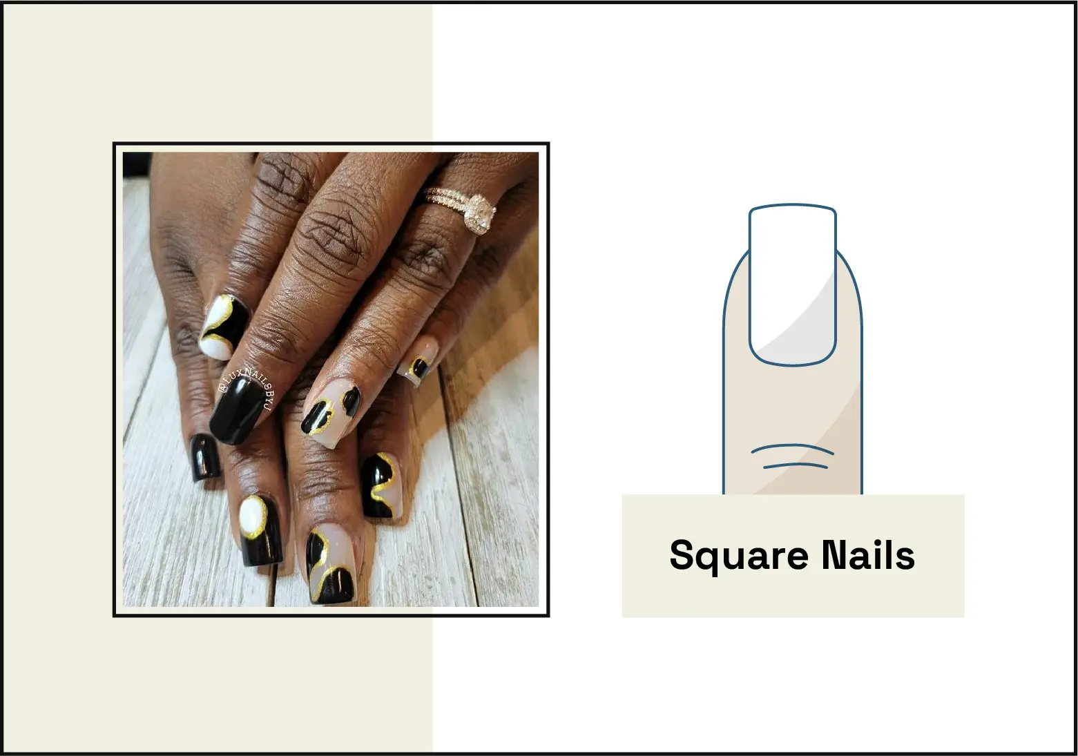 photo of manicure with square nails with black, white, and gold nail art on the left, illustration of the square nail shape on the right