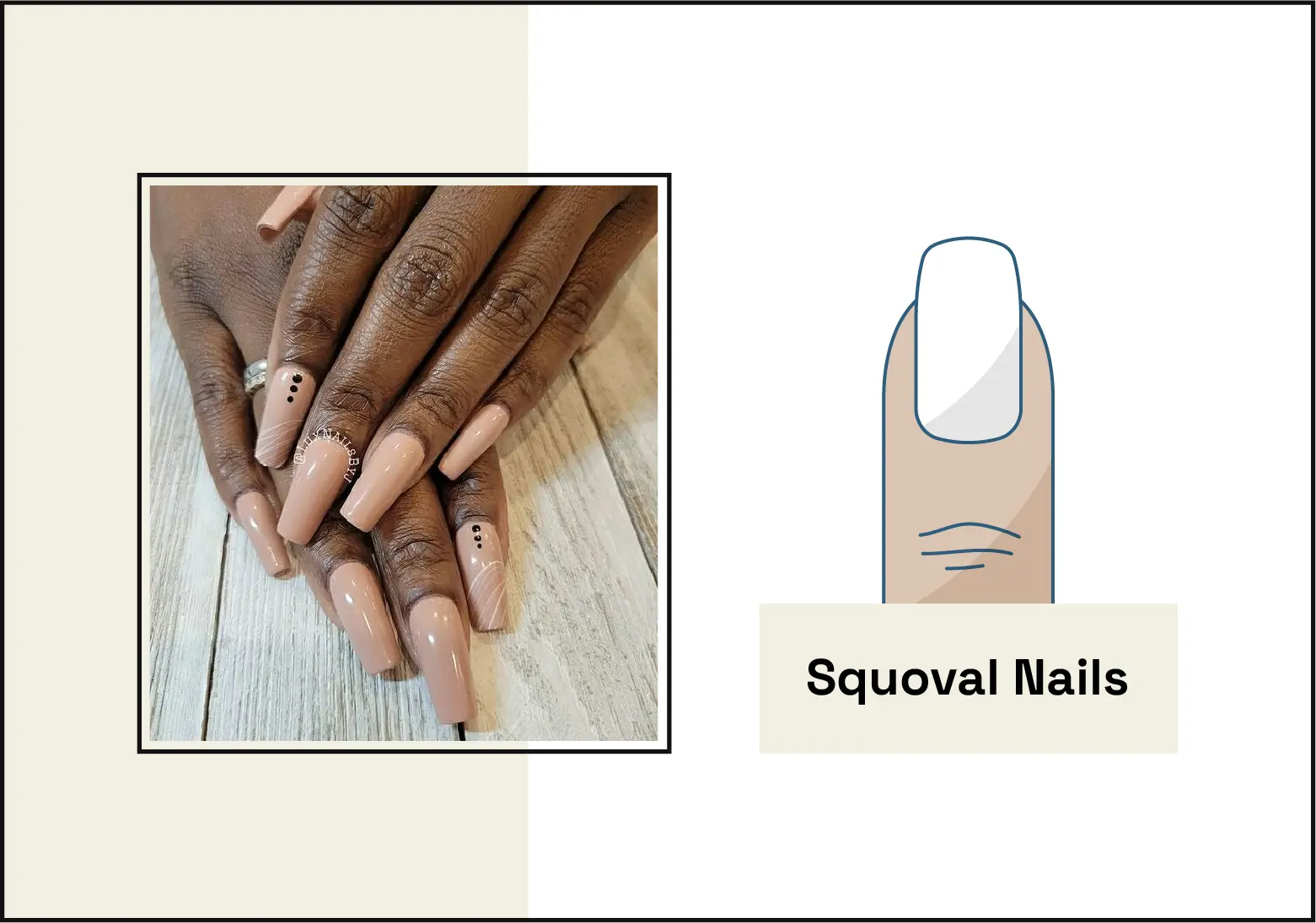 photo of manicure with nude squoval-shaped nails on the left, illustration of the squoval nail shape on the right