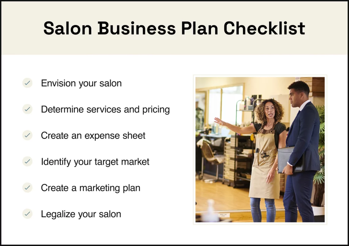 salon business plan checklist with an image of a hair stylist and businessman working in a salon