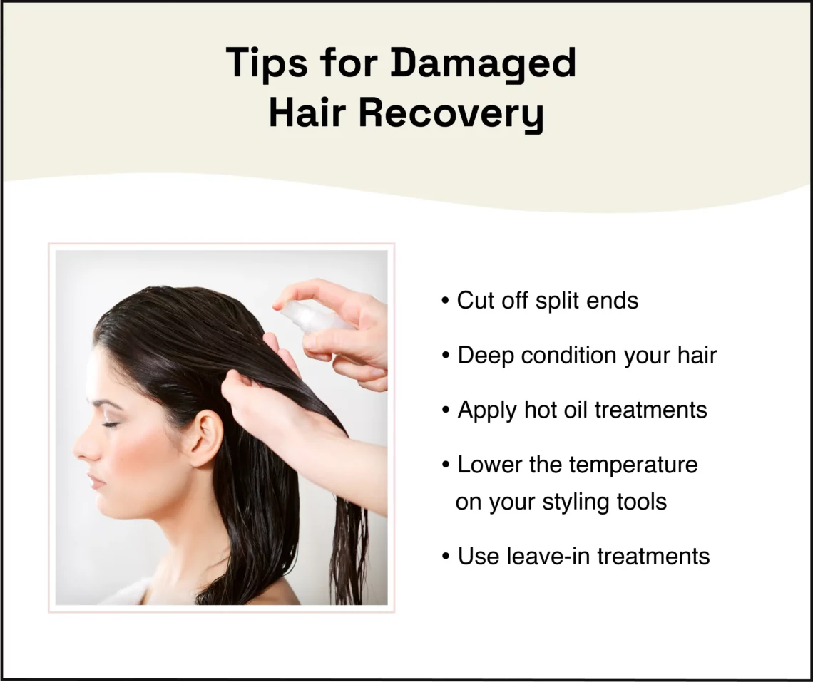 a list of tips for damaged hair recovery with an image of a woman using a leave-in hair treatment