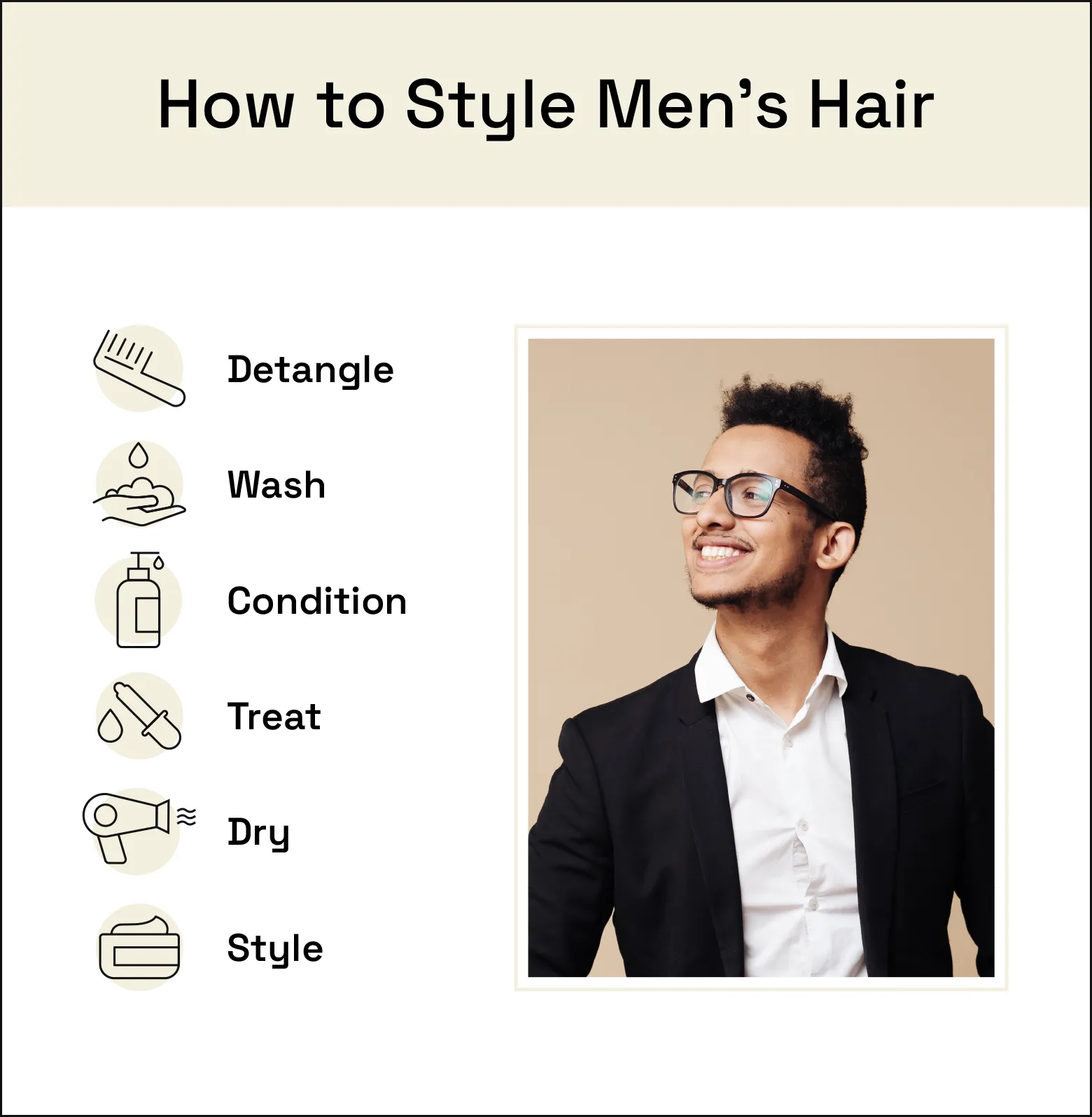 To style men’s hair, detangle it, wash it, condition it, treat it, dry it, and style it.
