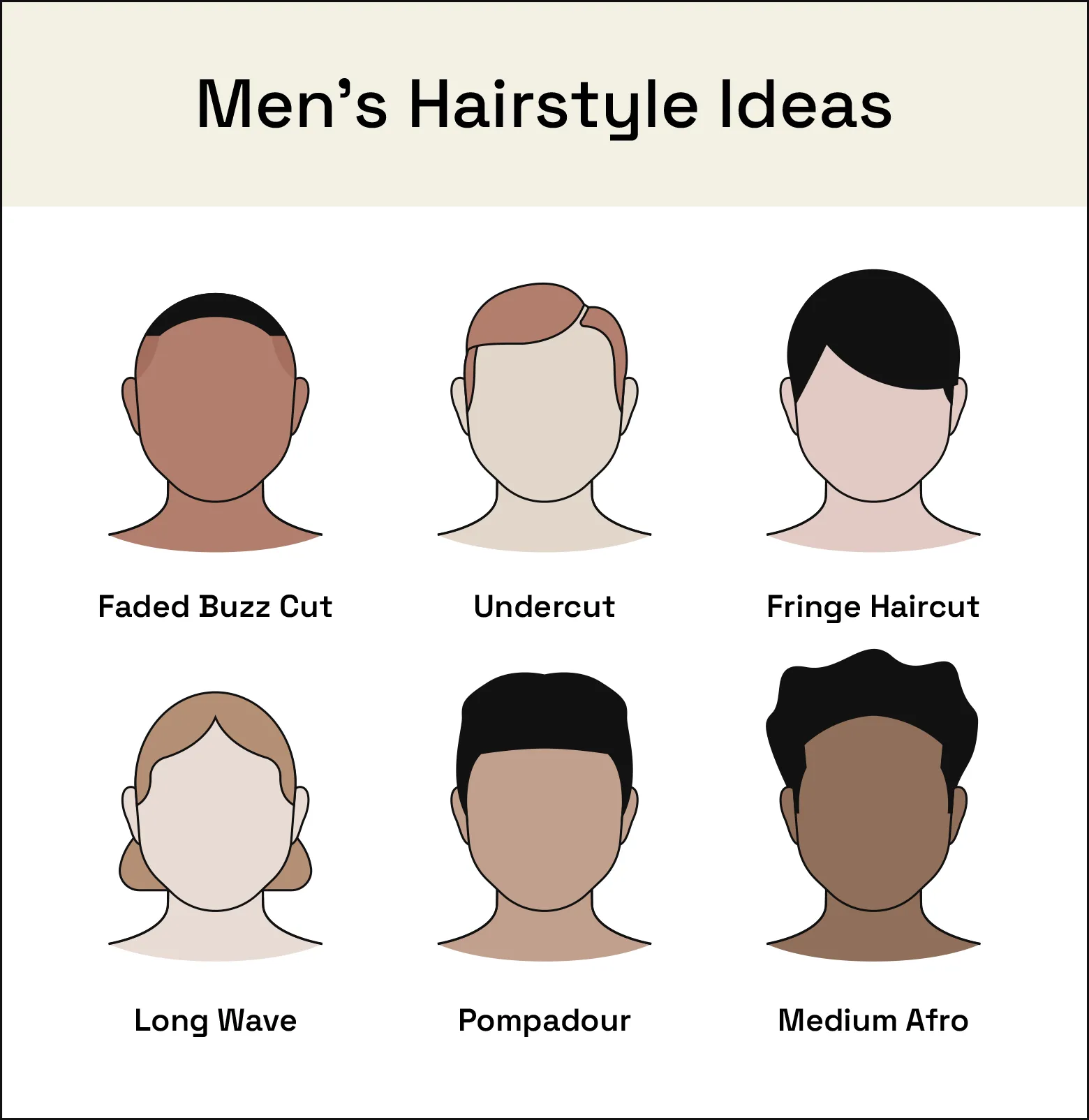 Image shows examples of different common hairstyles for men.