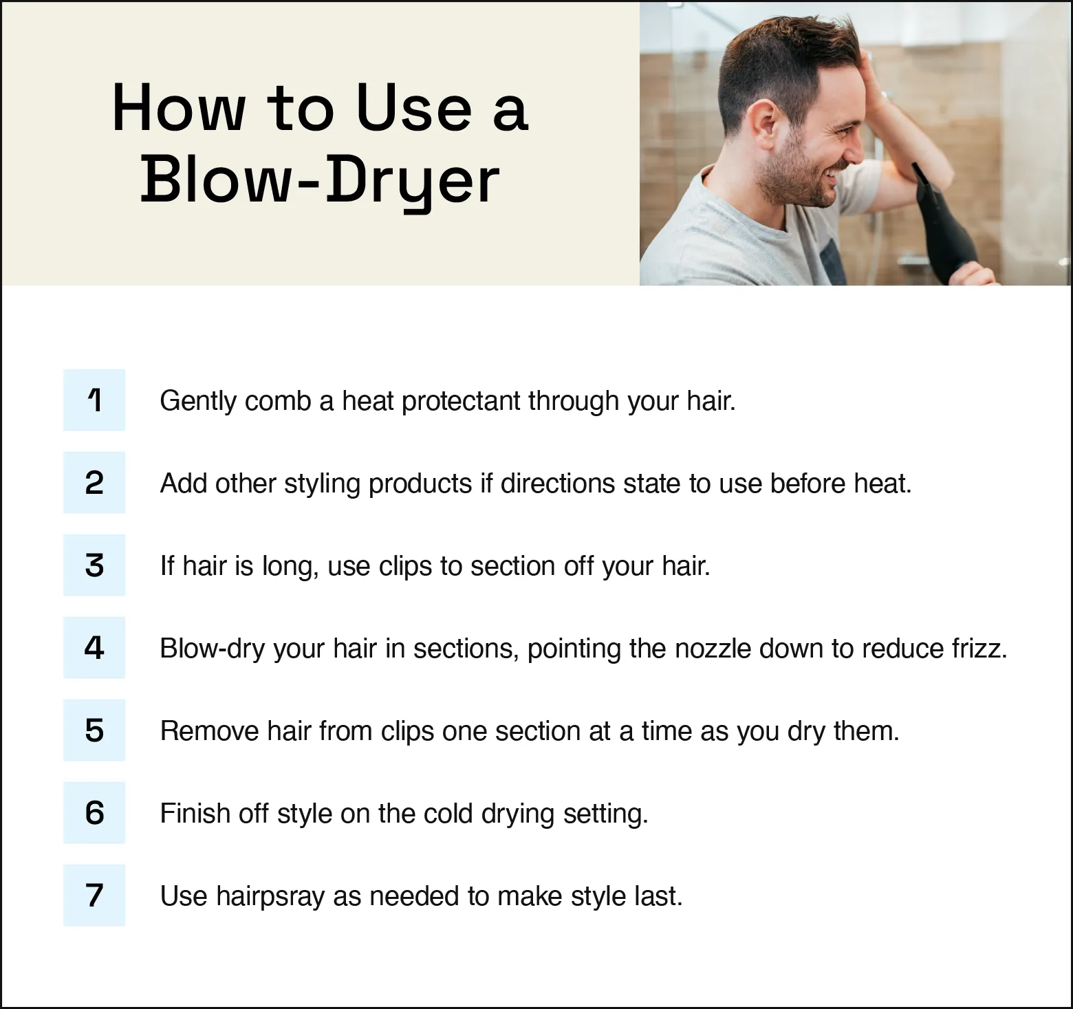 Image provides instructions on how to blow dry your hair step by step.