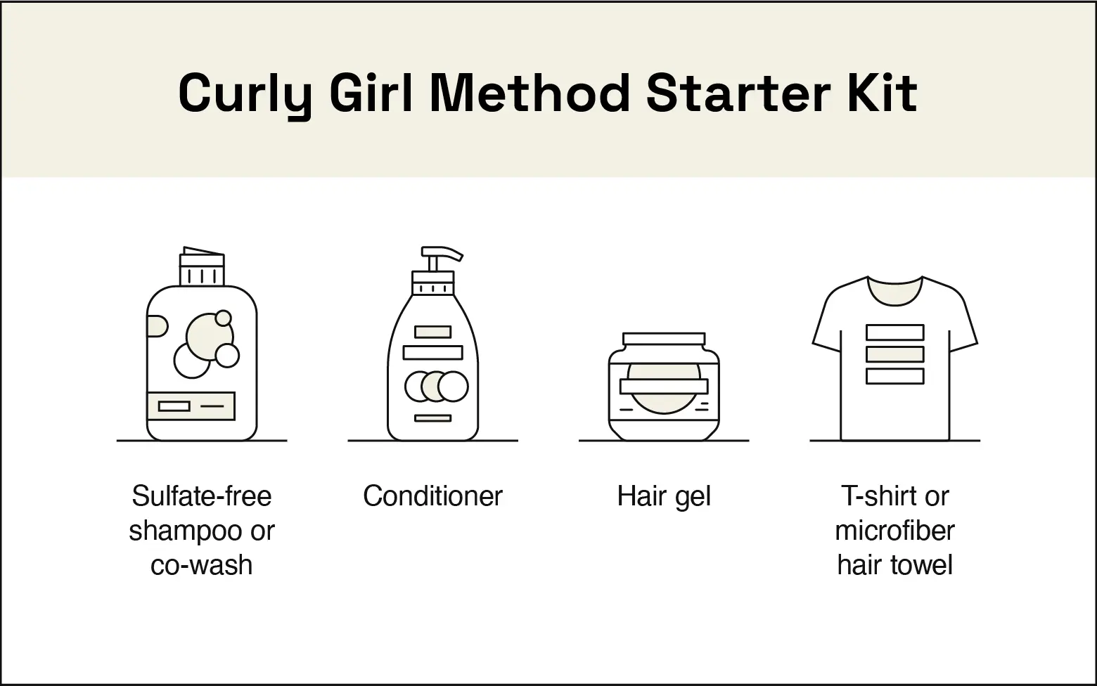 To try the curly girl method, you need sulfate-free shampoo or co-wash, conditioner, hair gel, and a T-shirt or microfiber hair towel.