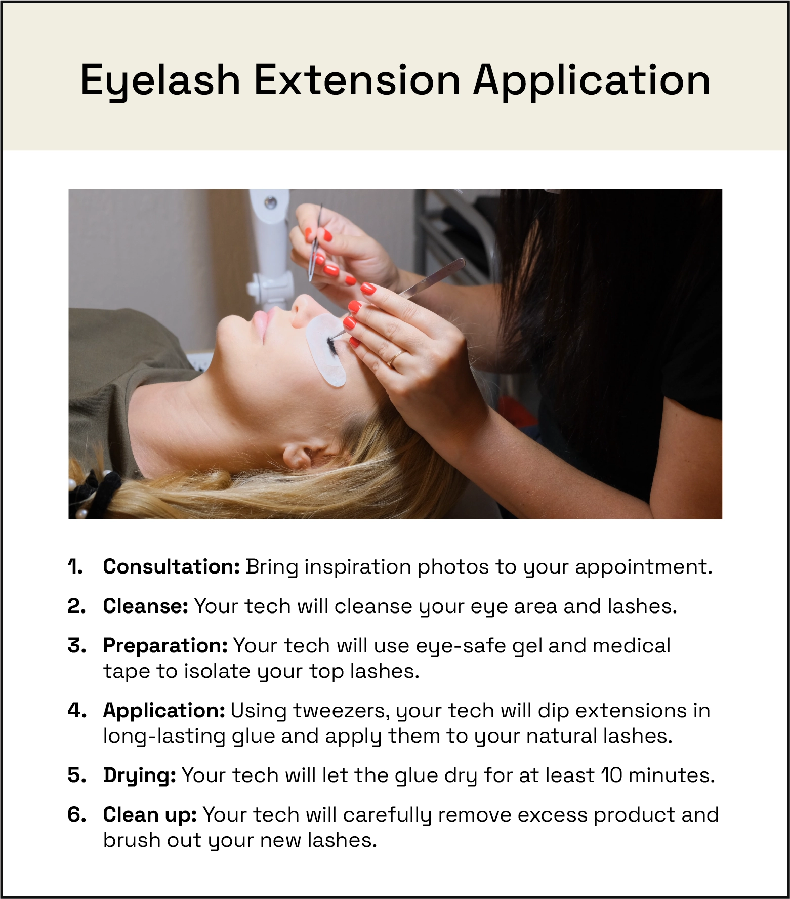 The six steps of eyelash extension application are consultation, cleanse, preparation, application, drying, and clean up.