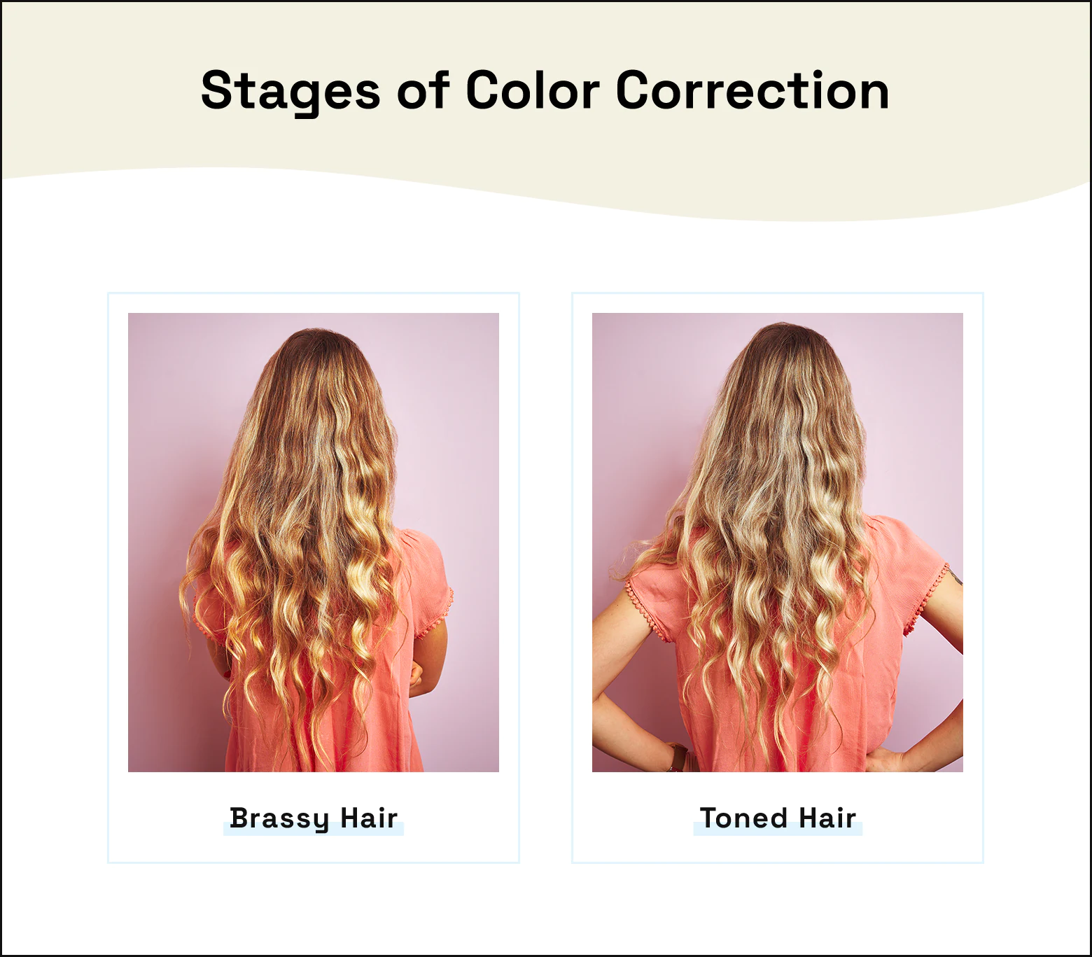 Two stages of color correction on blonde hair.