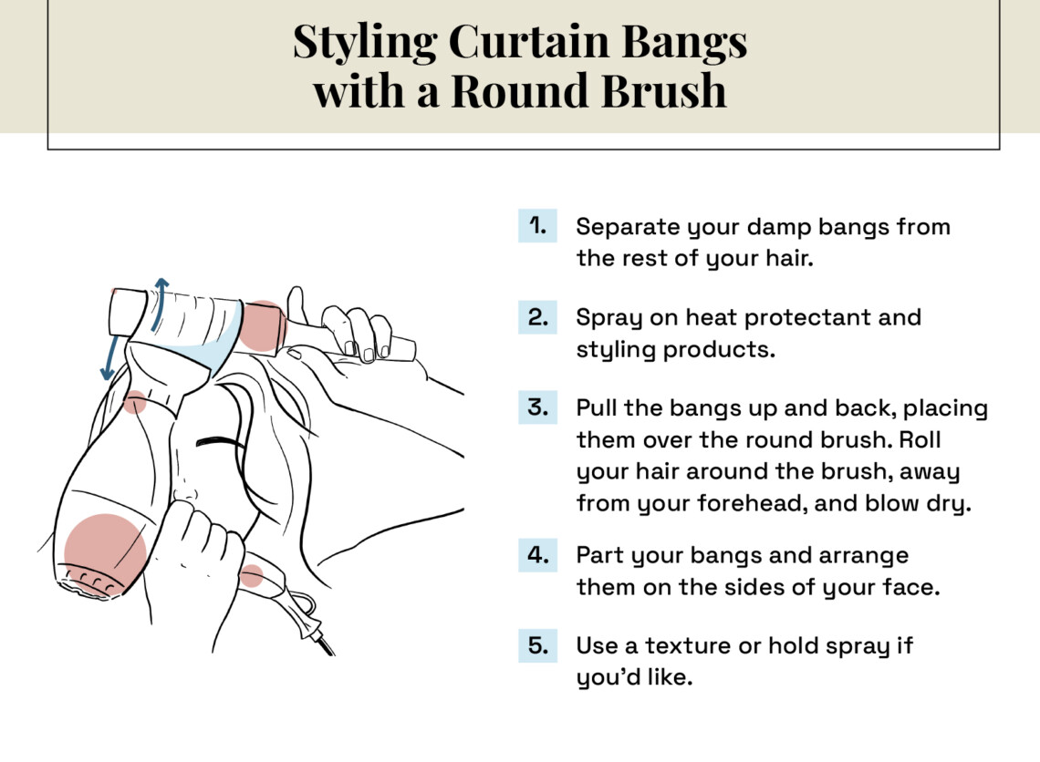 styling curtain bangs with a round brush