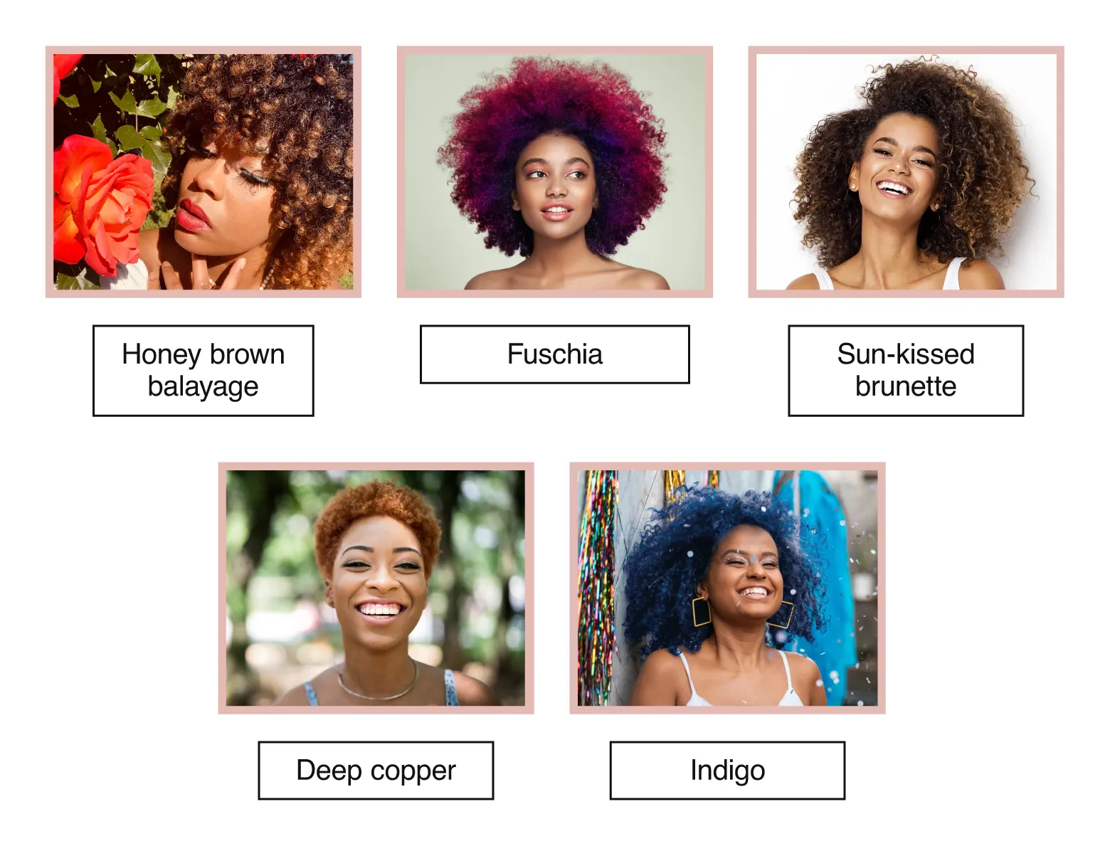 For those with dark skin and warm undertones, we recommend hair colors like honey brown balayage, fuschia, sun-kissed brunette, deep copper, and indigo. 