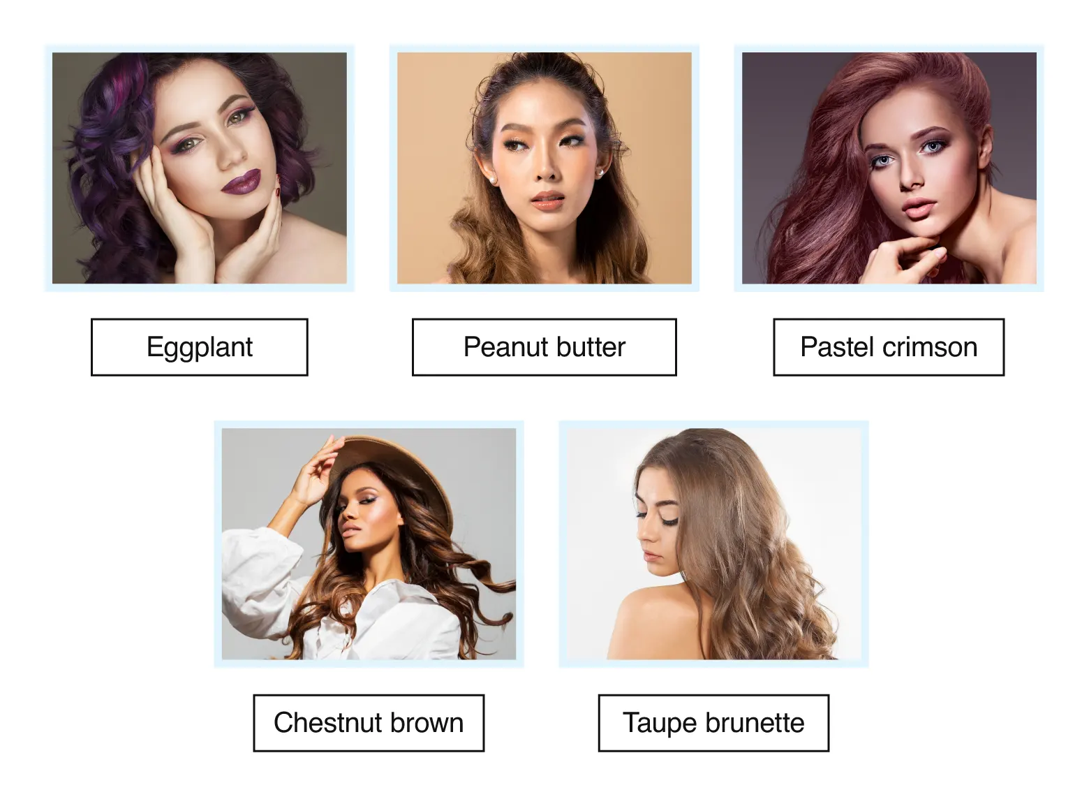 For those with medium skin and cool undertones, we recommend hair colors like eggplant, peanut butter, pastel crimson, chestnut brown, or taupe brunette.  