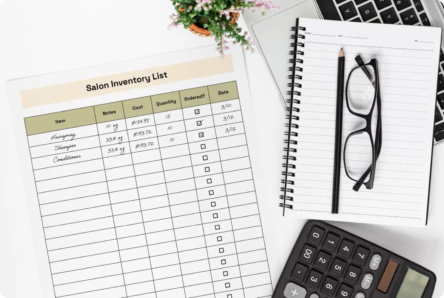 A template for a salon inventory list that can be filled out with stock and order details.