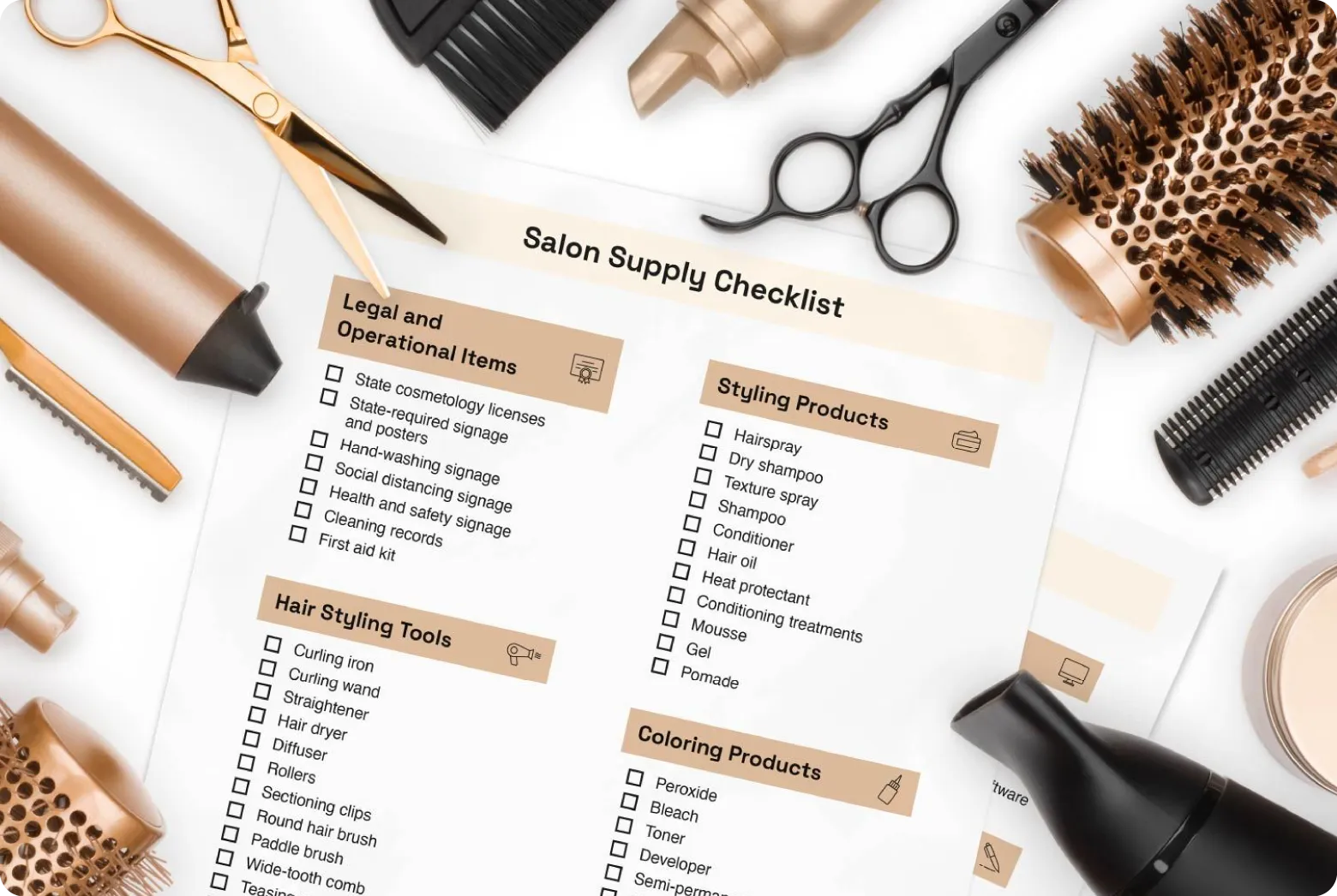 A mockup of a template for a salon supply checklist with hair salon tools surrounding it.